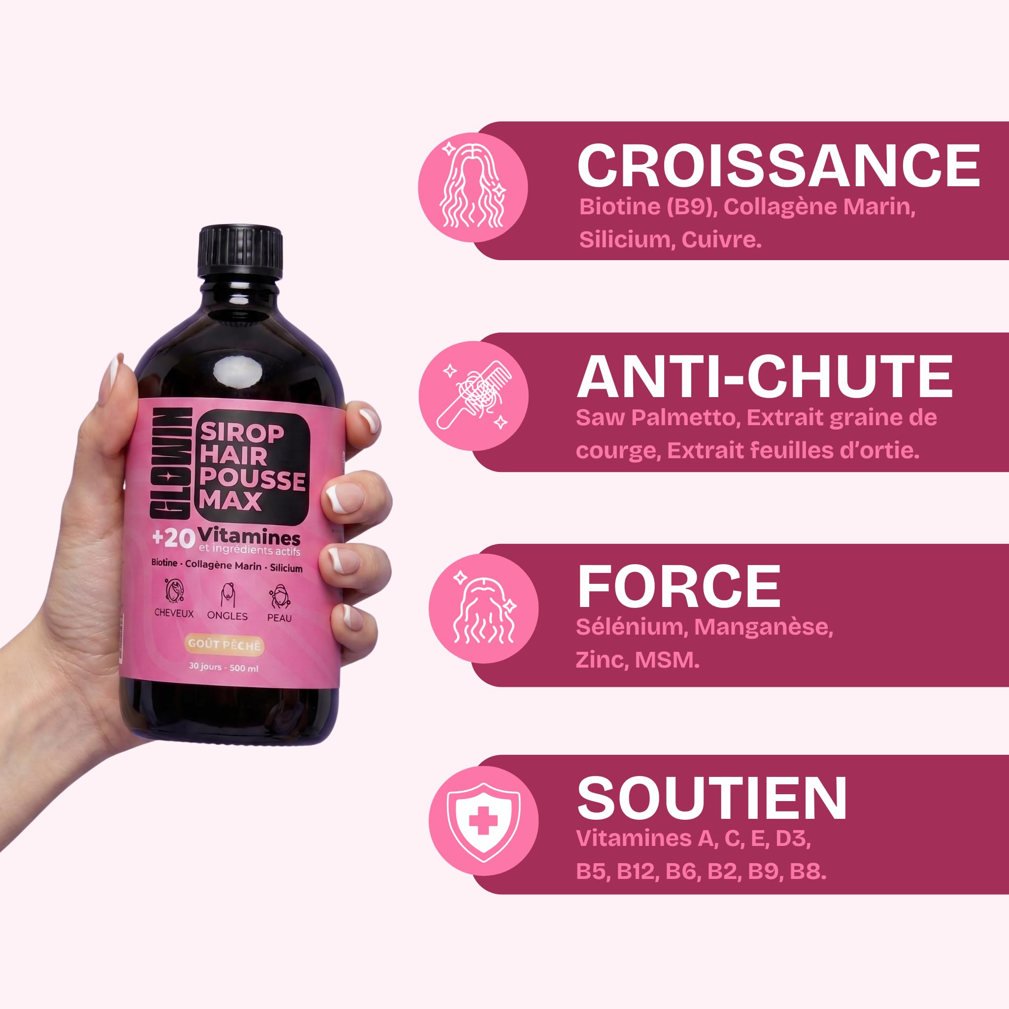 Glowin Sirop Hair Pousse Max - Complément alimentaire cheveux femme liquide - Biotine, Zinc, Sélénium, Collagène marin, Ortie, Courge, Saw Palmetto - Cheveux fins et cassants (Fruits Rouges)