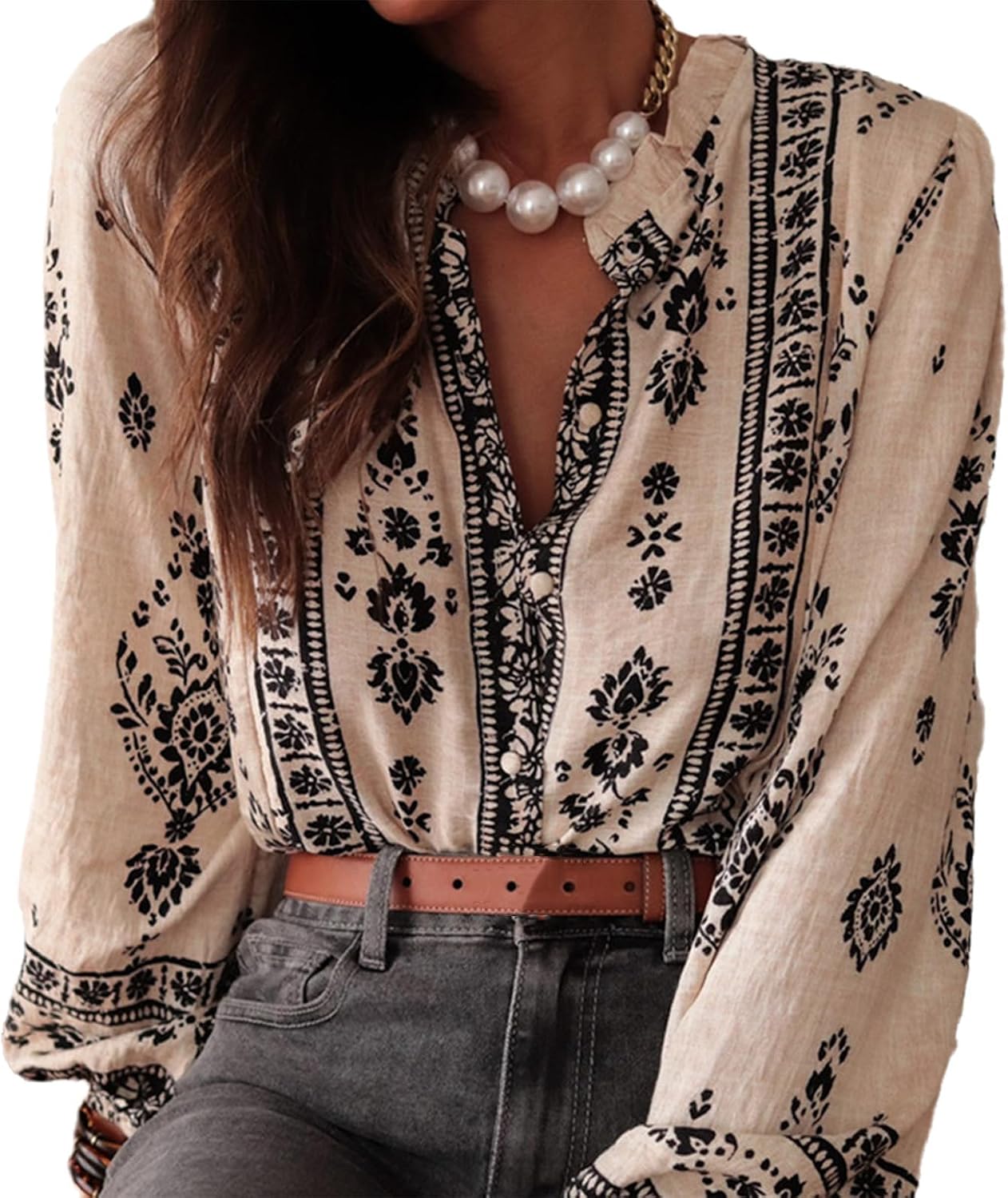 Womens Long Sleeve Button Down Cotton Linen Shirt Western Cowgirl Vintage Elegant Boho Floral Printed Blouses