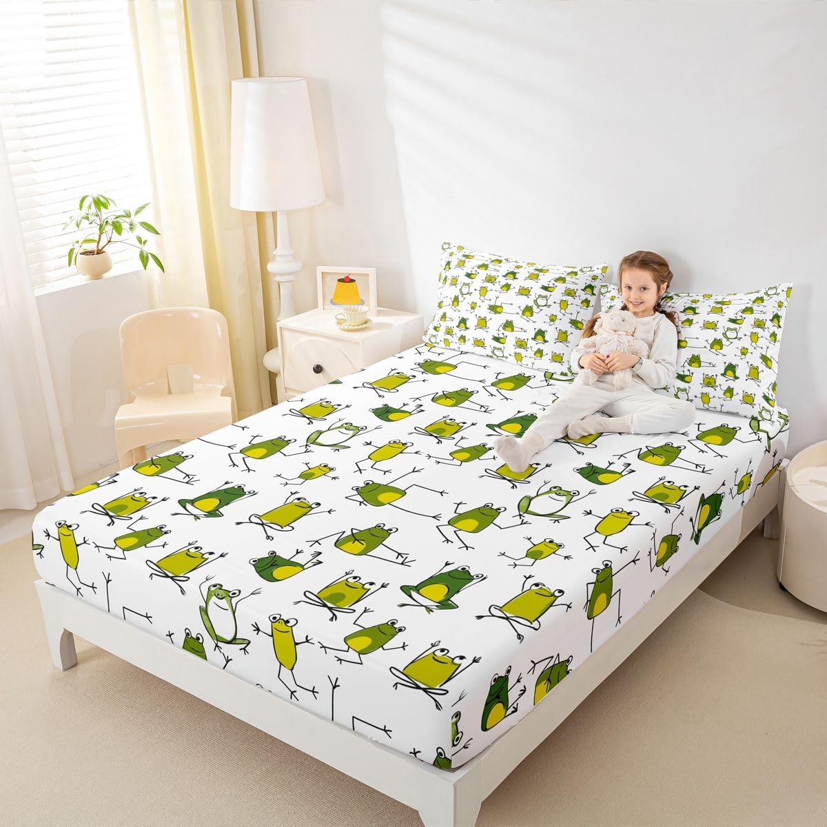 Green Frog Bedding Sets Funny Frog Fitted Sheet Full Size,Cartoon Wild Animals Bed Sheets for Kids Child Toddler Boys,Cute Reptile Bedding Decor Set Lovely Wildlife Bedroom Decor