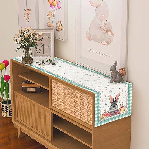 Miniatura 2 de FARMNALL Camino de mesa de Pascua de lino decoración de conejo huevo conejo decoración de búfalo mantel de Pascua a cuadros decoración de vacaciones