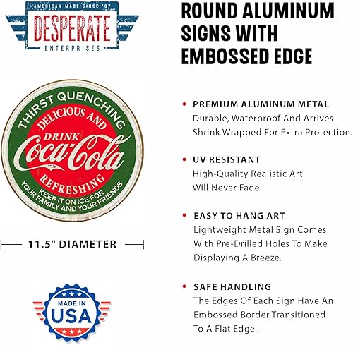 Miniatura 2 de Desperate Enterprises Beber Coca-Cola Thirst Quenching - Letrero redondo de aluminio con borde en relieve, decoración nostálgica de pared de metal