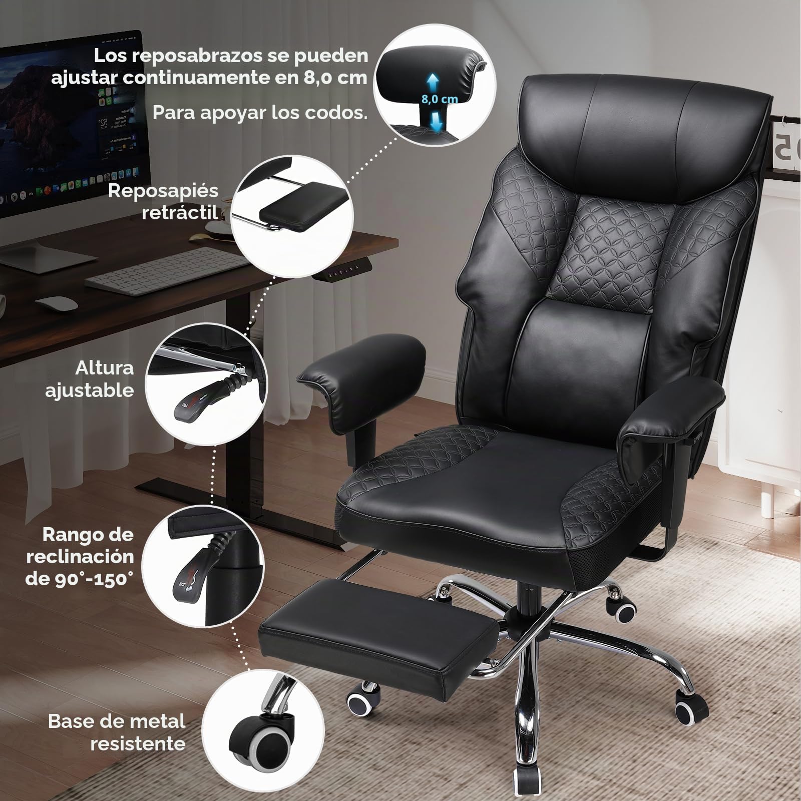 COMHOMA Silla de gaming para personas grandes y pesadas, silla de oficina ergonómica hasta 180 kg, cojín 3D, ajustable con reposapiés, piel sintética, alto confort para oficina y gaming, color negro