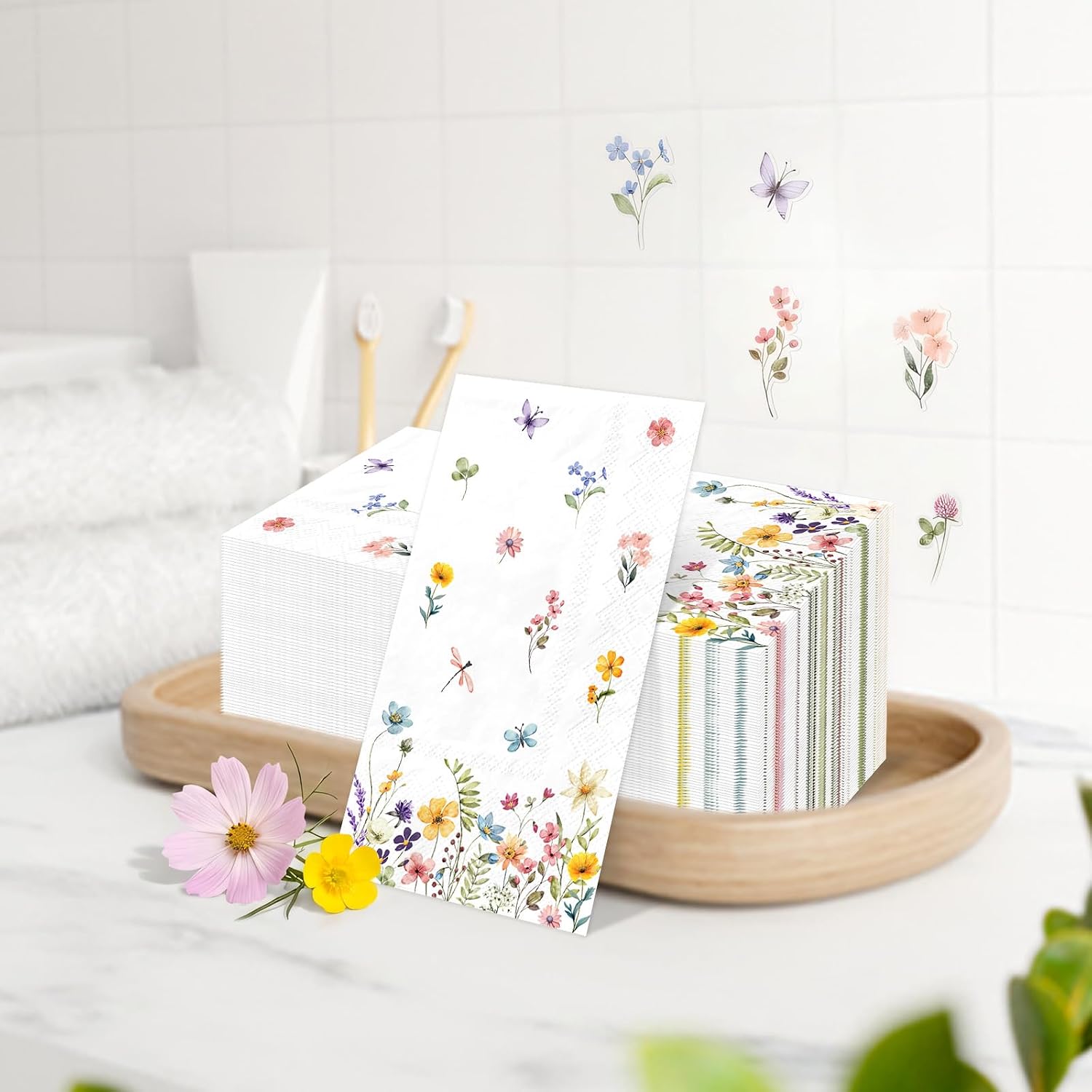 100PCS Spring Wildflower Paper Napkins Disposable Bathroom Hand Towels Green Wild Floral Guest Napkins Decorative Dinner Napkins for Spring Home Holiday Party Supplies