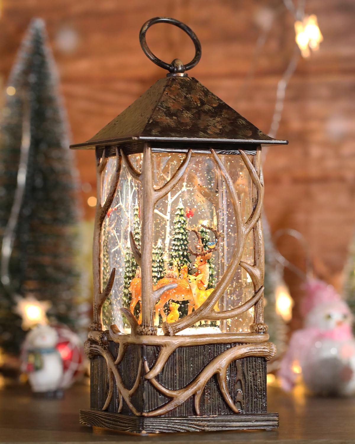 Winter Forest Reindeer Cardinals Snow Globe Lantern | Christmas Decorations, Musical and Luminous,USB or Battery Operated