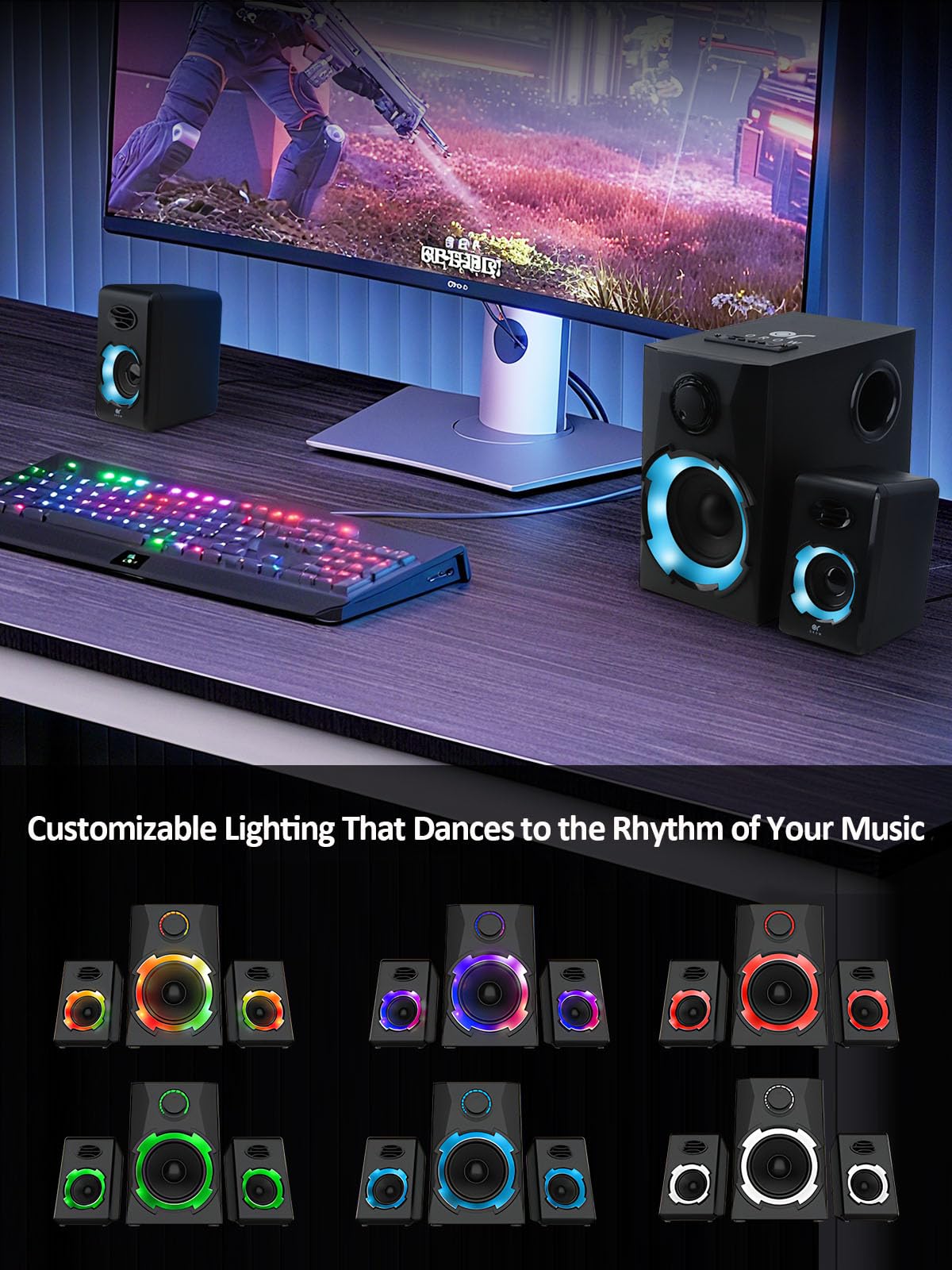 OROW Altoparlanti per computer, altoparlanti per PC da 40 W con subwoofer, altoparlanti da gioco con bassi, alimentazione AC, supporto Bluetooth, SD e USB, sistema di altoparlanti multimediali 2.1 con