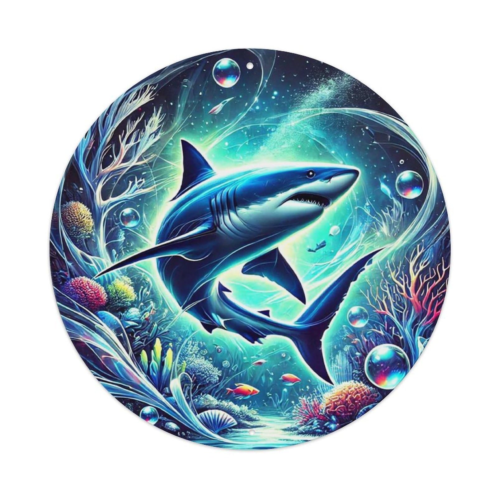 Shark Ocean Coral Bubbles Light Round Metal Tin Sign Vintage Wall Decor, Bar Garage Cafe Kitchen Home Wall Art Poster 8x8inches