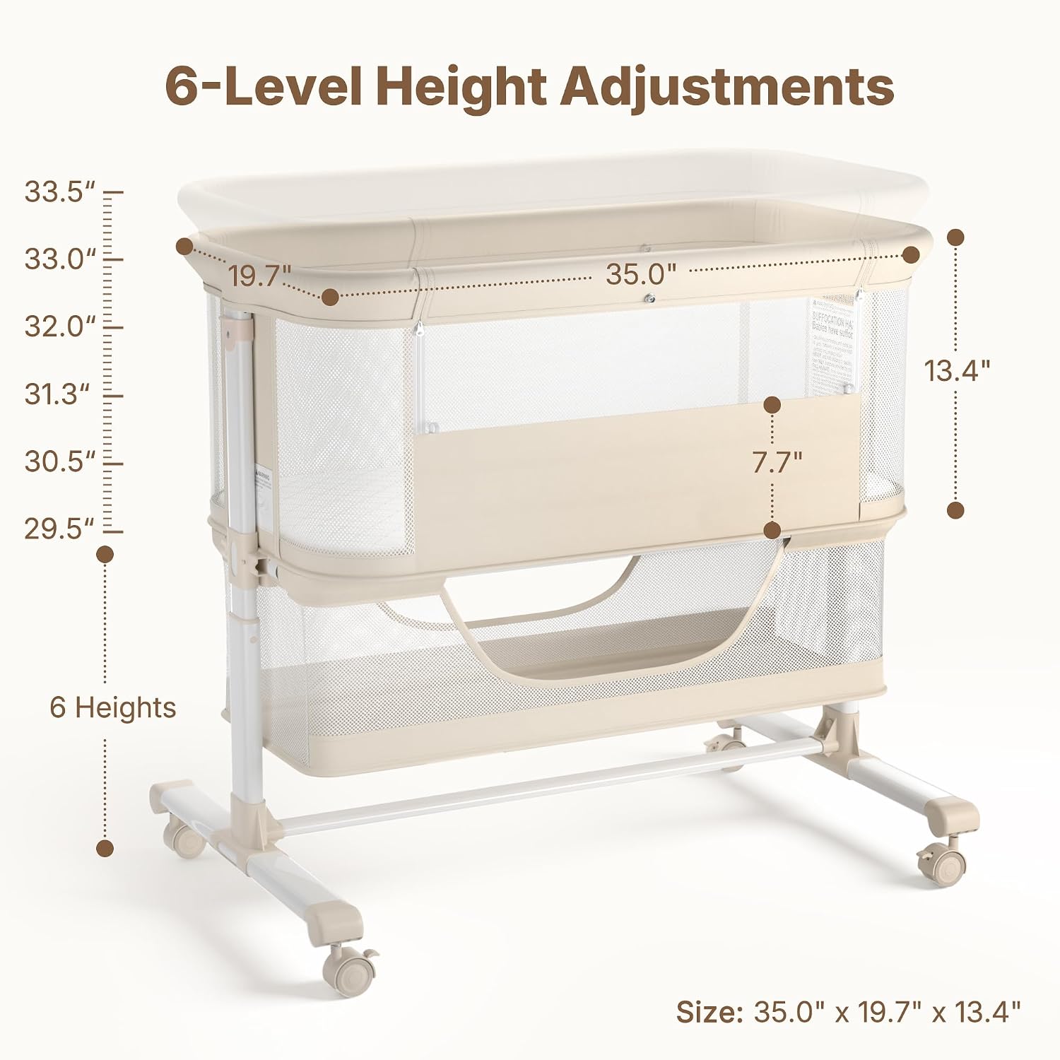 Baby Bassinet, Portable Bedside Crib with Soft Mattress, 6 Adjustable Height, Full-Mesh Sides, Lockable Wheels, Storage Basket, Mosquito Net, Bedside Sleeper for Newborn (Beige)