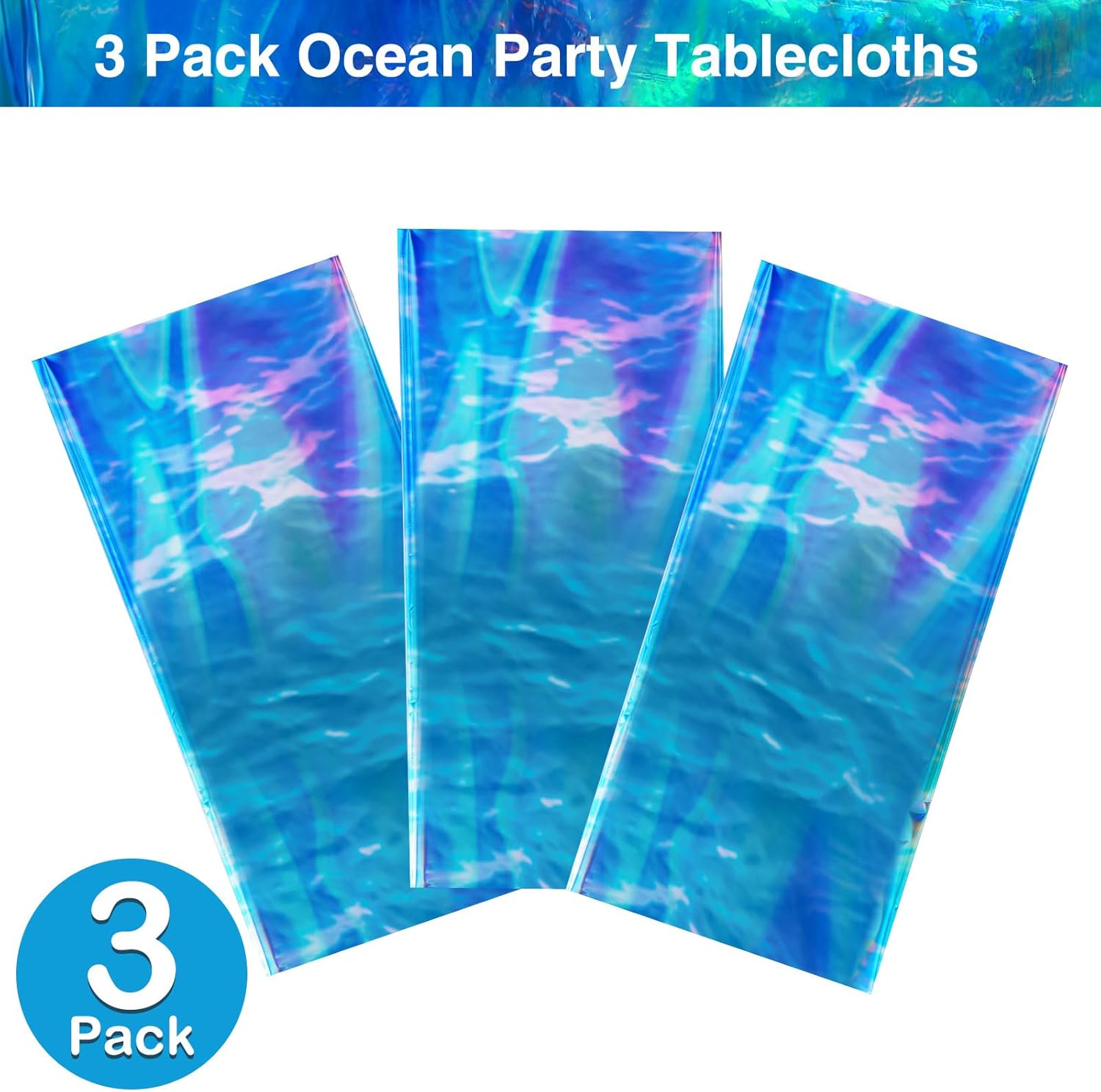 Irenare 3 Pcs Iridescent Ocean Waves Tablecloths Ocean Table Covers Blue Disposable Plastic Water Print Table Cloth for Summer Sea Beach Pool Birthday Party Decoration, 54x108 Inch