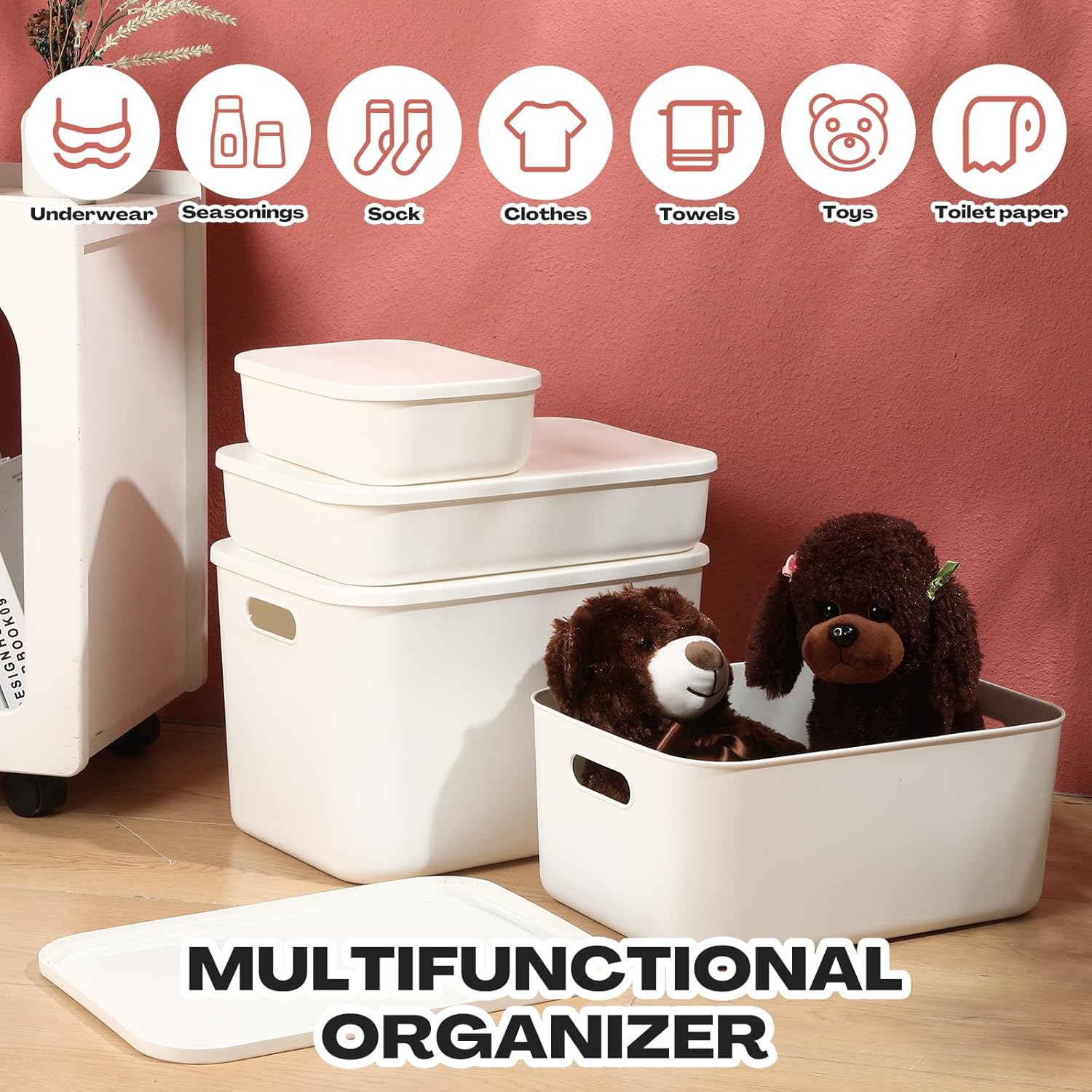 16 Pack Plastic Storage Bins with Lids Stackable Classroom Organization Bins 4 Size Combination Craft Organizers for Home Office, Organize Craft Shoes Tools Snacks(White)