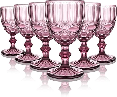 Qulable Juego de 6 copas de vino  Juego de copas de vino tinto vintage, vasos de colores de cristal, juego de copas de tallo con patrón vintage para