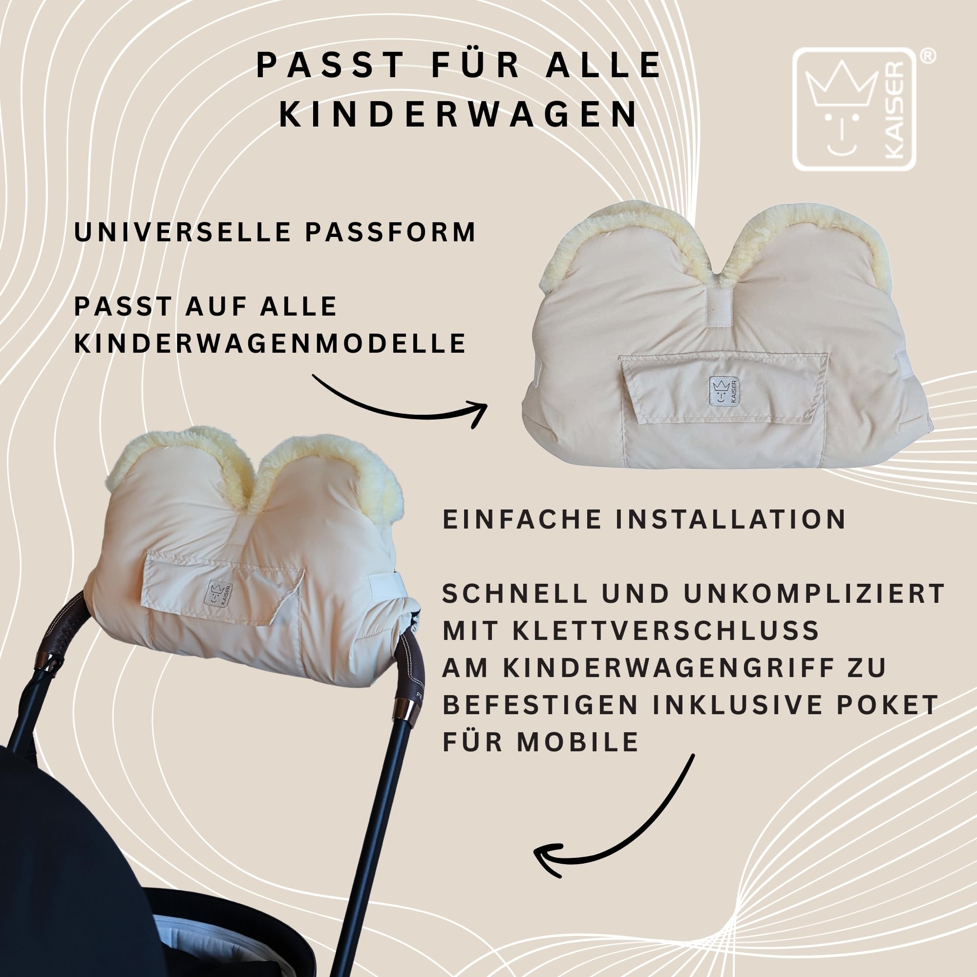 Lammfell Handwärmer für Kinderwagen, 45 x 22 cm, Schaffell Innenfutter, Wasserabweisend, mit Handytasche (cream)