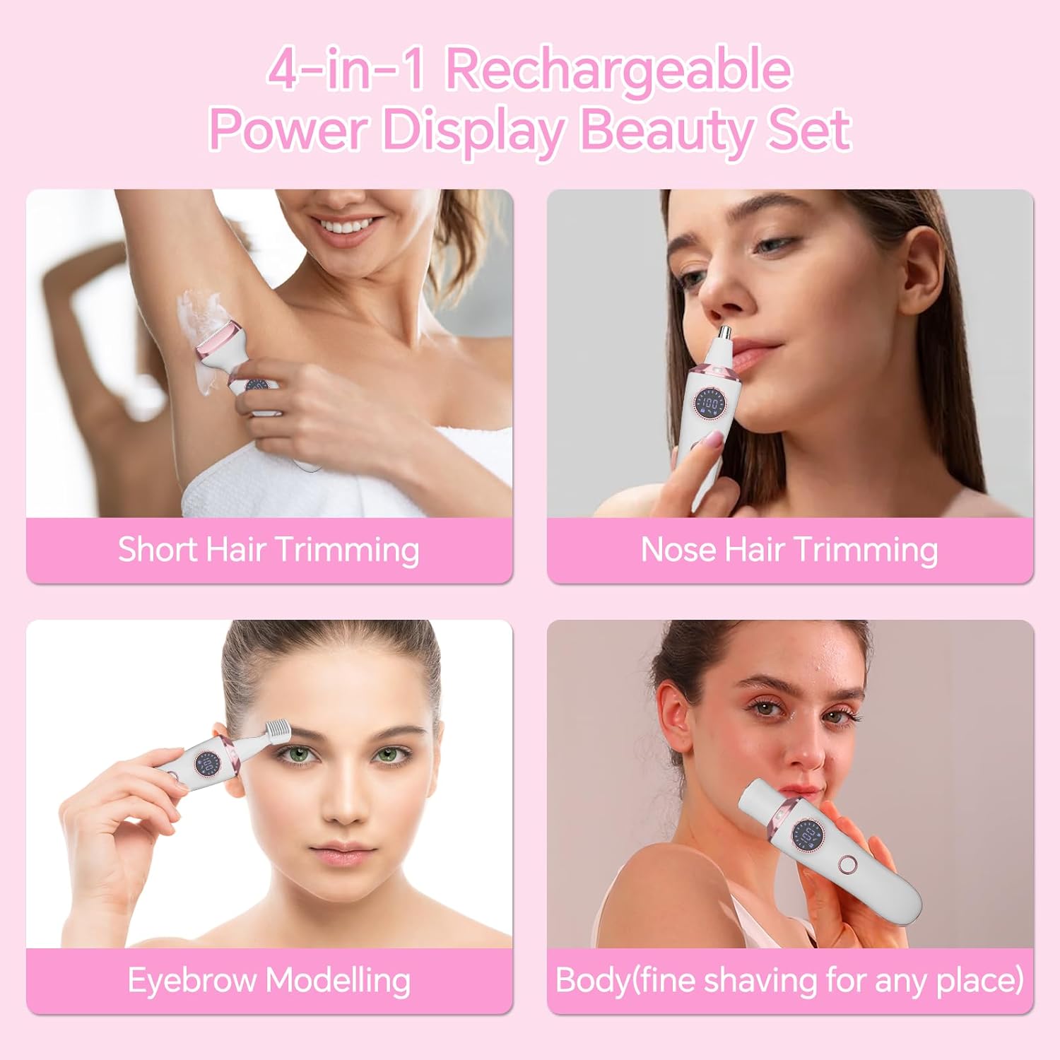 Electric Razor for Women, 4-in-1 Bikini Trimmer & Body Shaver for Face, Legs, Underarms, Pubic Hair, Rechargeable Wet/Dry Painless Hair Removal with LED Light & Travel Lock - Image 4