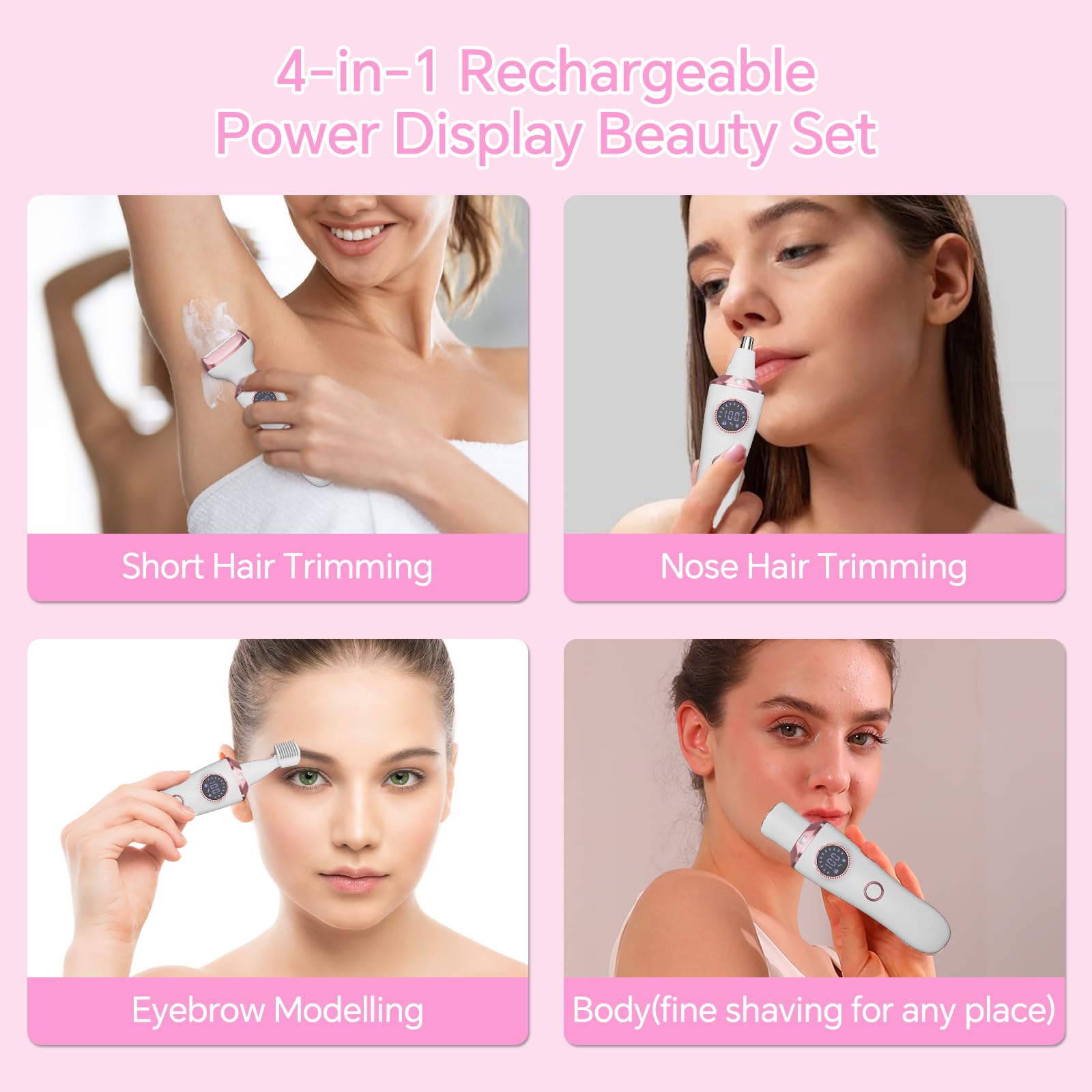 Elektrischer Rasierer für Frauen, 4-in-1-Bikini-Trimmer & Körperrasierer für Gesicht, Beine, Achselhöhlen, Schamhaar, wiederaufladbar, nass/trocken, schmerzfreie Haarentfernung mit LED-Licht
