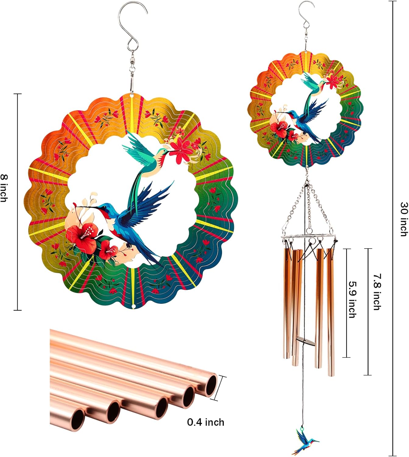 Wind Chimes with Hummingbird Wind Spinner, Gifts for Mothers Day Mom Women Grandma Birthday Retirement Teacher, 31" Windchimes Outdoor Decor Hanging Mobile for Garden Porch Patio Backyard