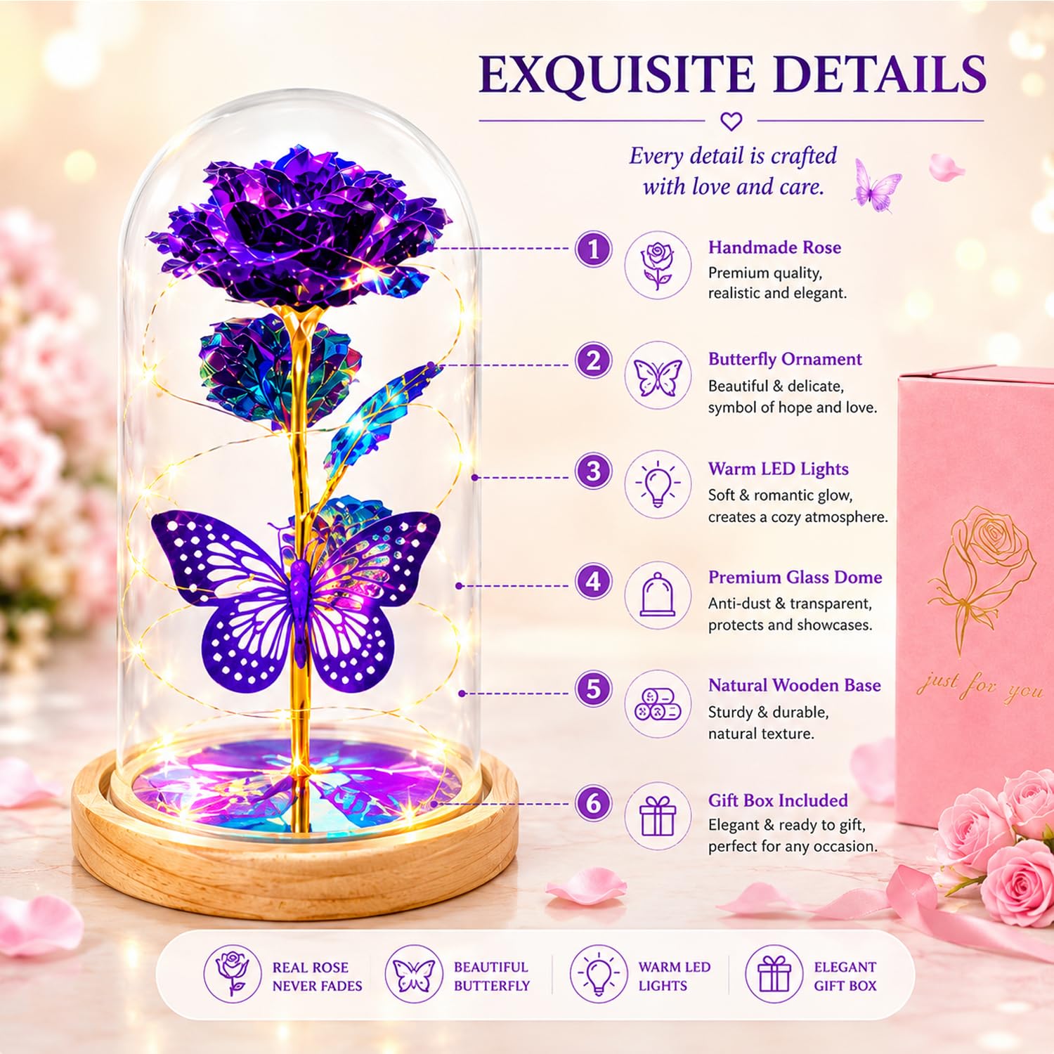StowBin QUNPON - Flores para el día de la Madre, Regalos de Hija e Hijo, cumpleaños para Mujeres, mamá, Abuela, niñera, Rosa de la Bella y la Bestia en cúpula de Cristal, Artificial para Siempre