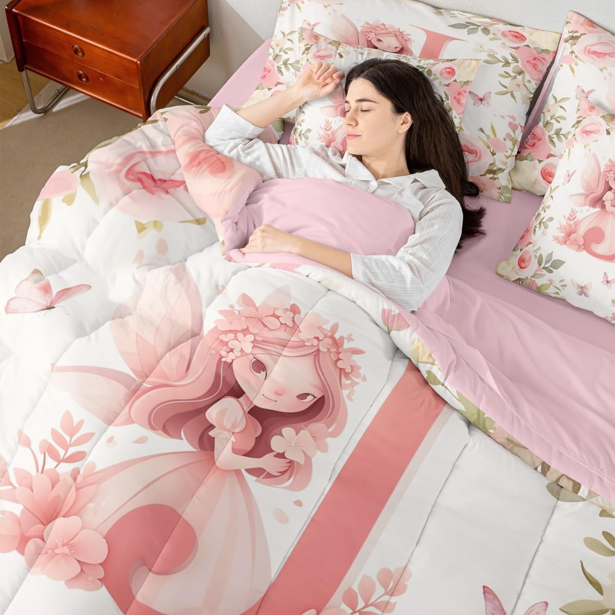 Erosebridal Dreamy Initial Letter J Queen Comforter Set with Sheets 7 piece Romantic Floral Fairy Bed In A Bag Princess Fairy Print Bedding Sets For Kids Girls Women,Cute Butterfly Rose Flower Bed Set