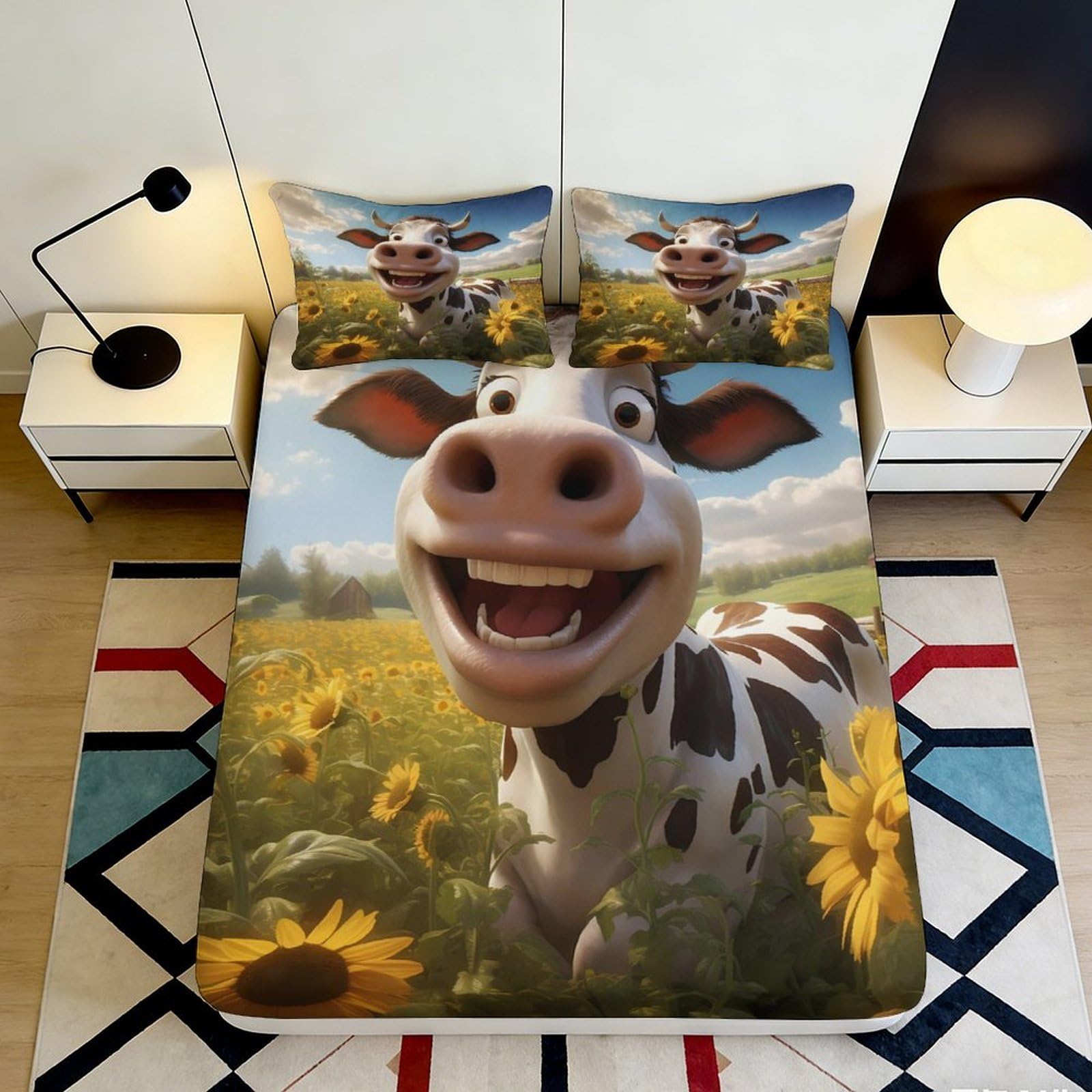3D Printed Smiling Cow Fitted Sheet Microfiber Soft Durable Sunflower Field Bed Cover for Bedroom Dormitory Guest Room Protective Decorative 140x200x25cm