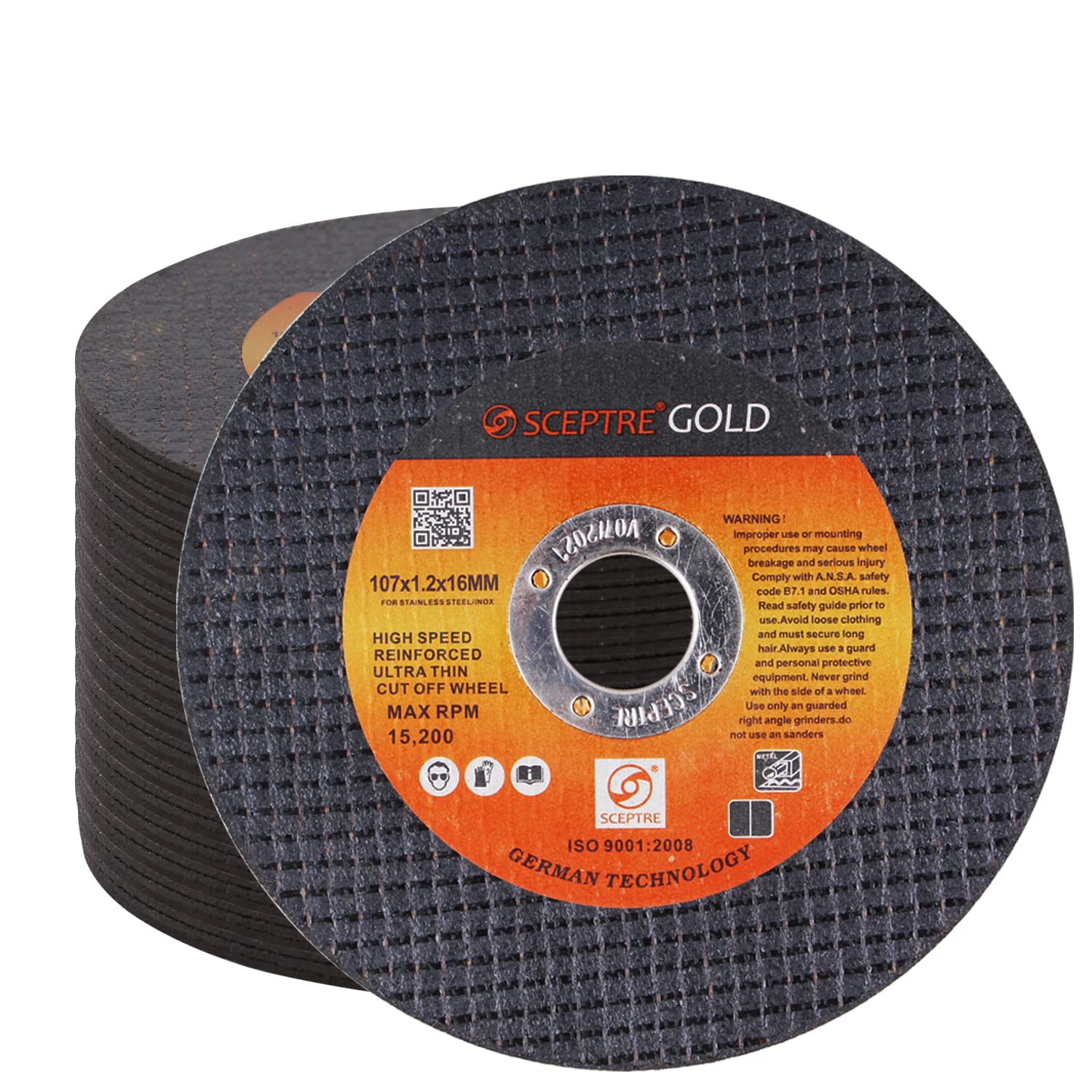 SCEPTRE 4” Ultra Thin Reinforced Cut Off Wheel – 107mm x 1.2mm x 16mm, Double Net Cutting Disc for Angle Grinder, Fast Metal Cutting, Feather Cut, Tin Box Pack of 50 (Black)