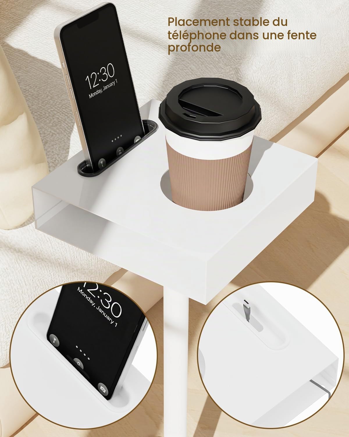 Yawinhe Lot de 1 Table d’appoint Métal,Carré Petite Table de Bout,Blanc | Table Basse Compacte pour Petits Espaces,Bout de canapé avec Fente, pour Téléphone Portable en Porte-coupe