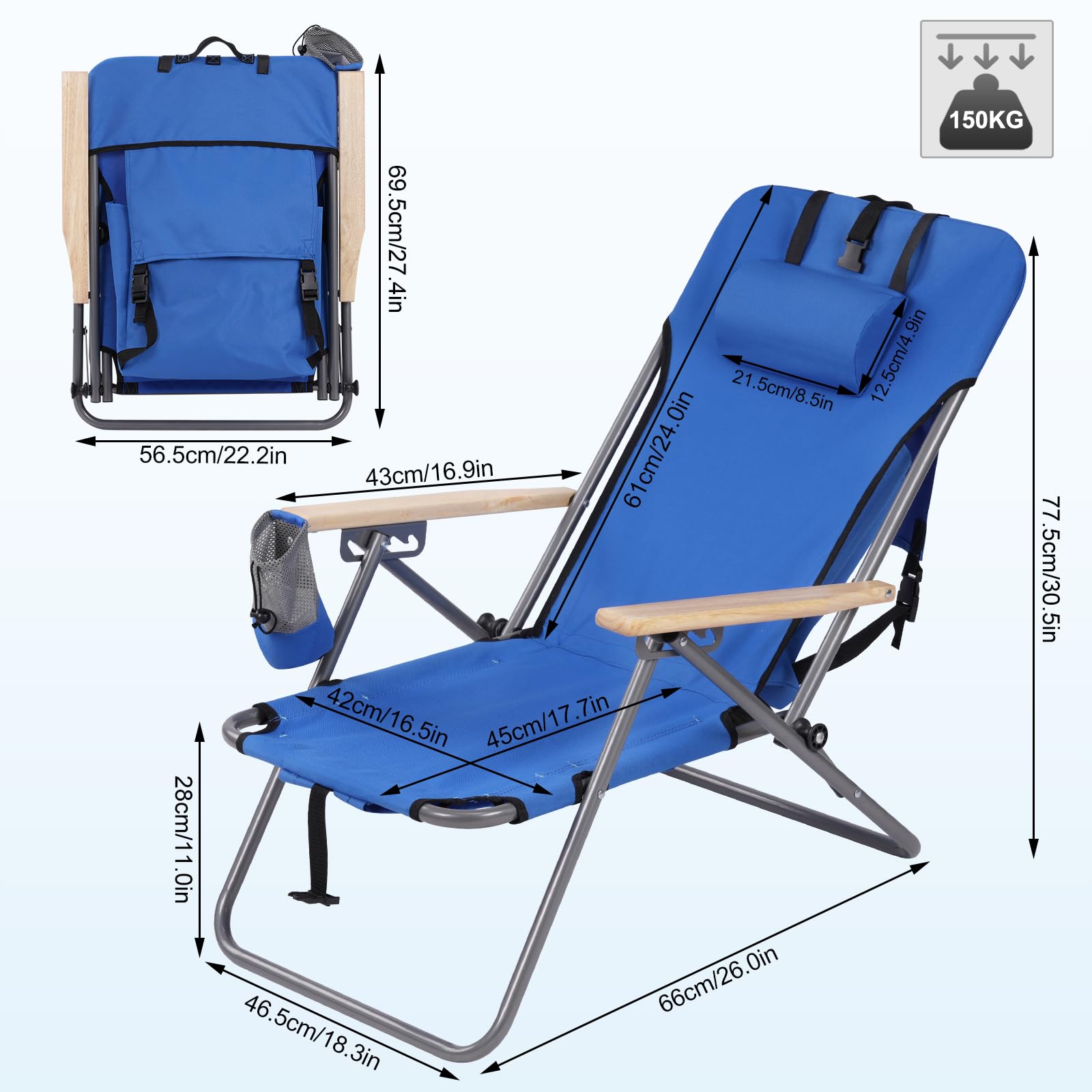 WOLTU Krzesło wędkarskie, składane krzesło kempingowe z kieszenią, zdejmowany zagłówek, odchylane oparcie, piknik plażowy, Oxford, metal, niebieski