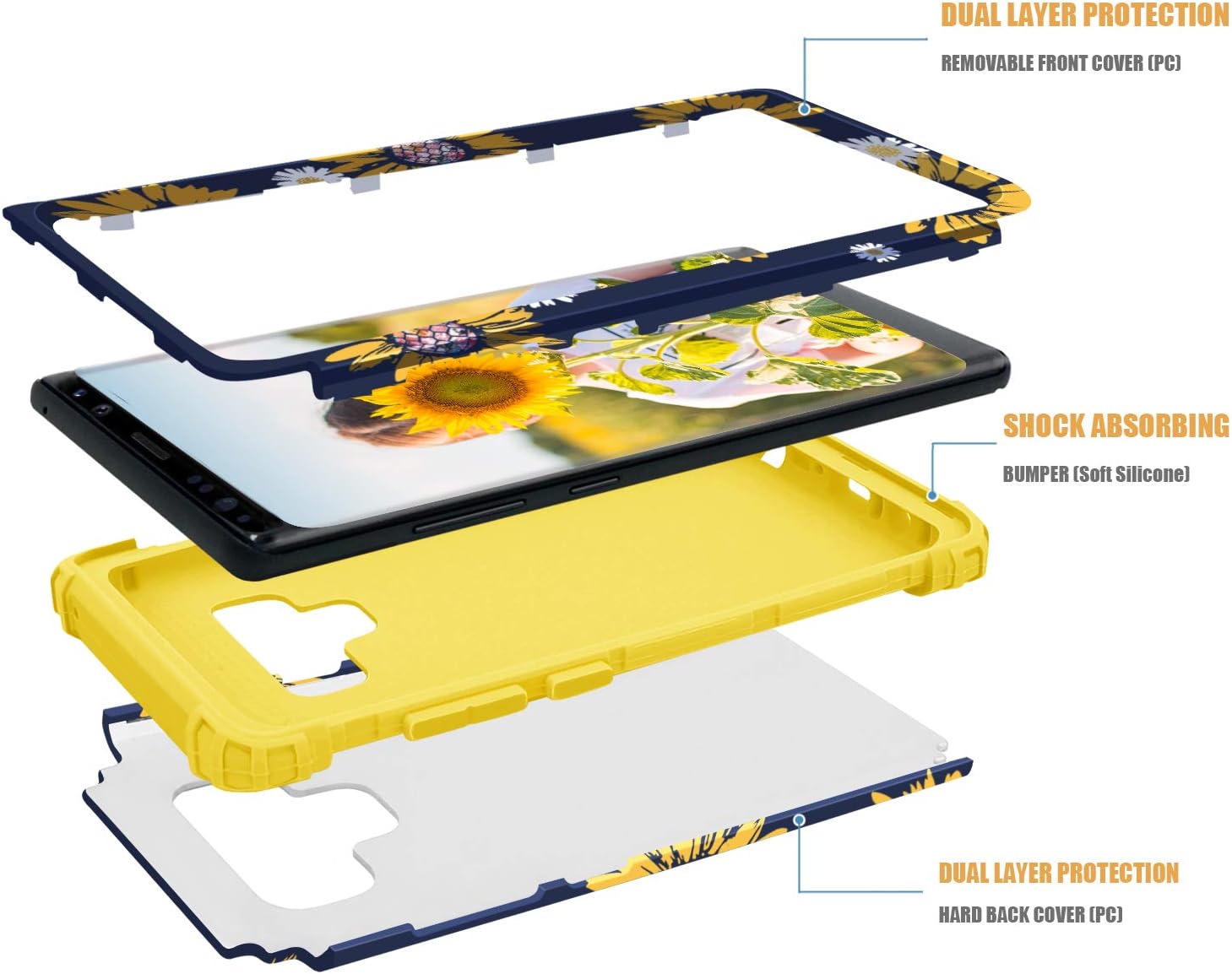 Galaxy Note 9 Case, Samsung Galaxy Note 9 Case, Fingic Sunflower 3 in 1 Heavy Duty Hard PC & Soft Silicone Hybrid Shockproof Rugged Bumper Protective Phone Case for Samsung Galaxy Note 9 (2018),Yellow