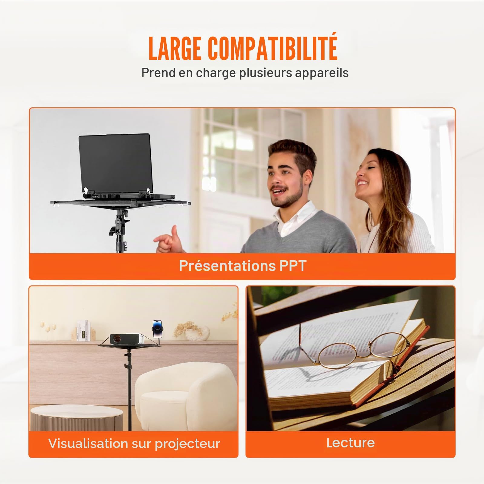 VEVOR Support Trépied Vidéoprojecteur Hauteur Réglable 68,5-160 cm avec Plateau et Support Téléphone