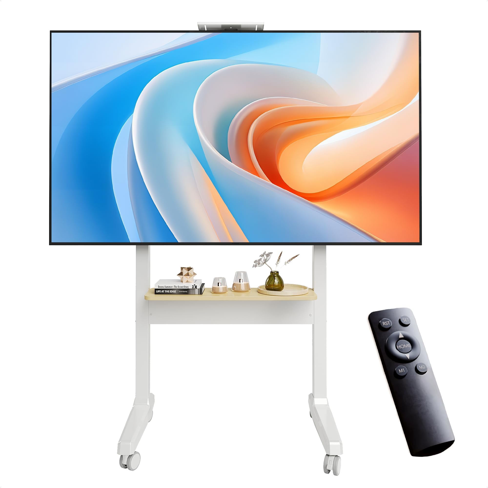 - TV Stand, Electric Elevating with Casters, High Type, TV Stand, Supports 37 - 86 Inches, Shelf, Movable, Height Adjustment, Memory Function, Freestanding, Easel Type, Space Saving, Rising and Rising, LCD TV Stand, Monitor Stand, Display Stand, Load Capacity 154.3 lbs (70 kg), White Frame/Natural Wood
