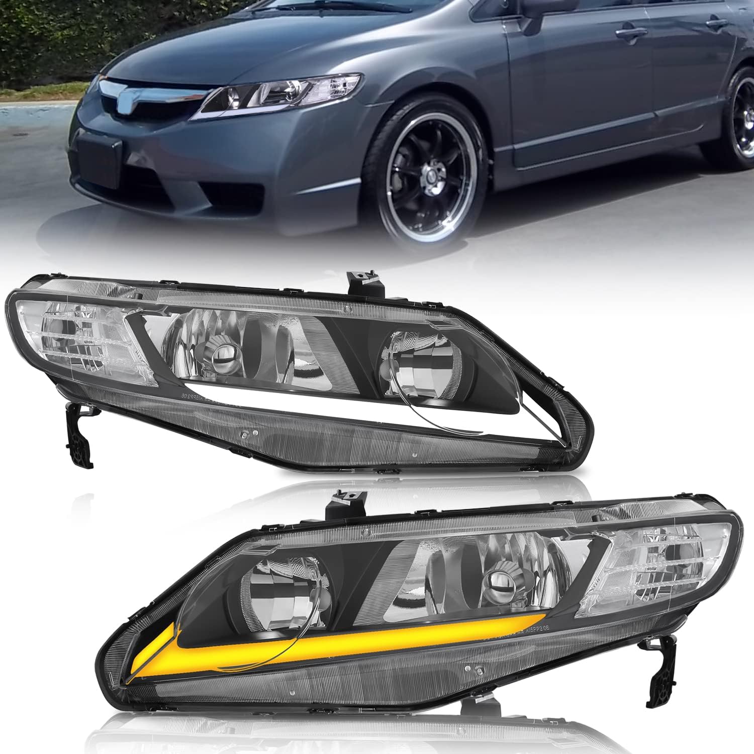 MOSTPLUS Headlight Assembly Compatible with Honda Civic 2006-2011 Front Lamp with Sequential Turn Light/DRL-Black Housing/Clear Lens/Clear Reflector