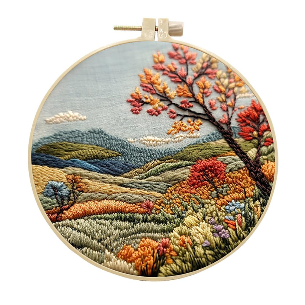 Eforcase Embroidery Starter Kit for Adult Beginner with Landscape Tree Mountain River Floral Nature Scenery Pattern Cross Stitch Hand Embroidery Set DIY Cross Stitch Kits with Hoops Needles Threads