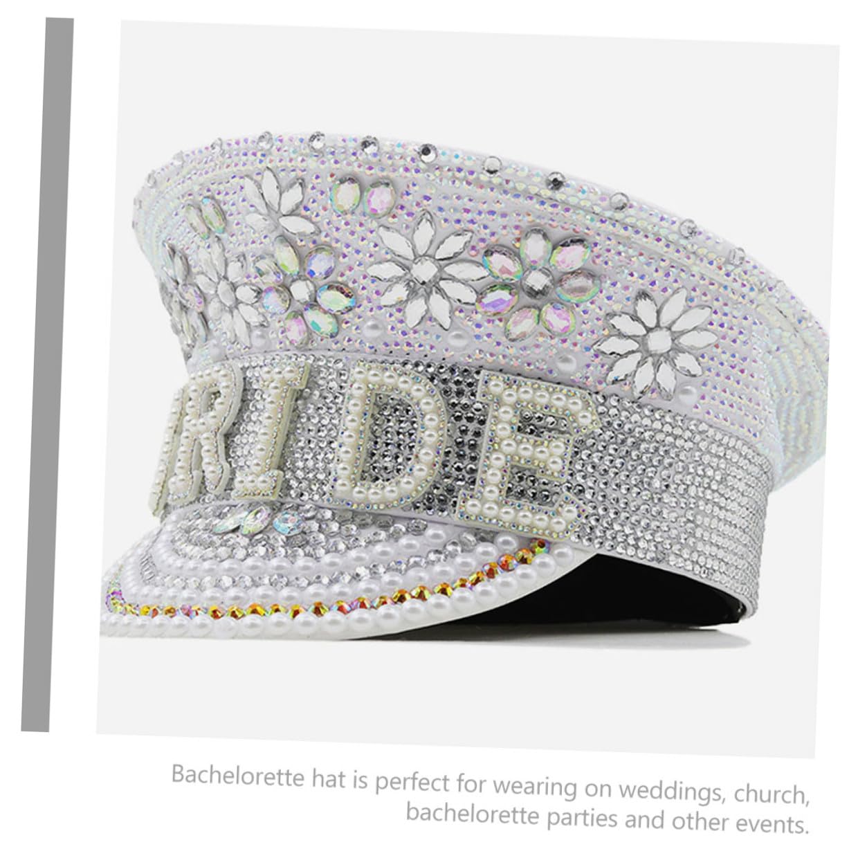 HOMSFOU Sombrero de Color Claro para Novia Gemas de Imitación, Tamaño Ajustable, Gorra Plana para Despedida de Soltera y Fiestas de Playa, Accesorio Elegante para Boda y Eventos Sociales