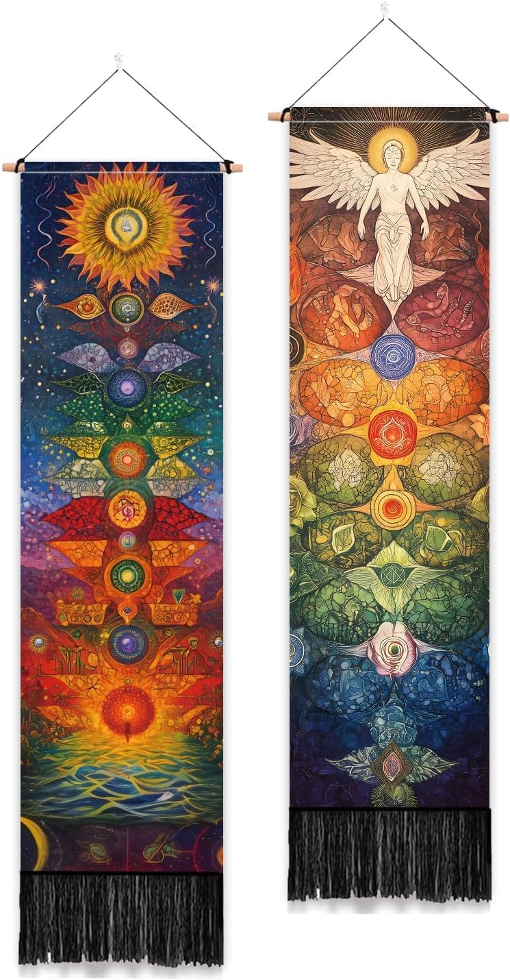 PLIGREAT Arazzo da parete per meditazione chakra, per camera da letto, bagno, soggiorno, dormitorio, lungo, stretto, da appendere alla parete, decorazione artistica per casa e ufficio, confezione da 2