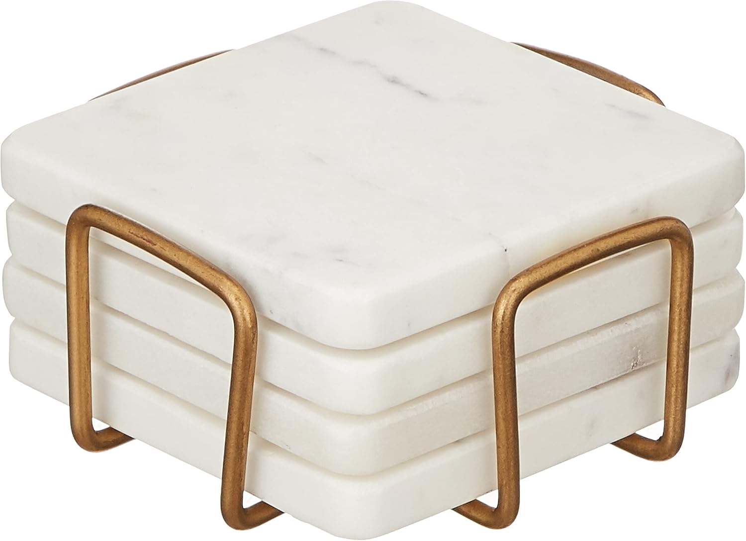 Queenza White Marble Coaster Set with Holder, 4 Inch Square Modern Coasters for Coffee Table - Coasters with Padded Bottom