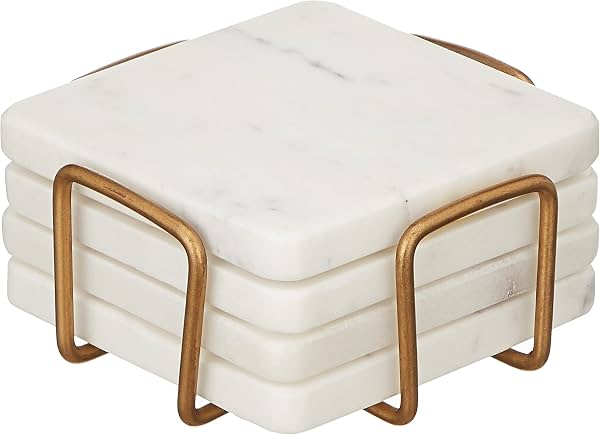 Set de posavasos de mármol blanco Queenza con soporte, posavasos cuadrados modernos de 4 pulgadas para mesa de café - Posavasos con base acolchada
