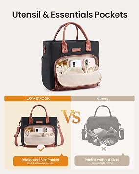 LOVEVOOK Lunch Box for Women,Adult Lunch Bag for Work,13L,Black-Beige-Brown