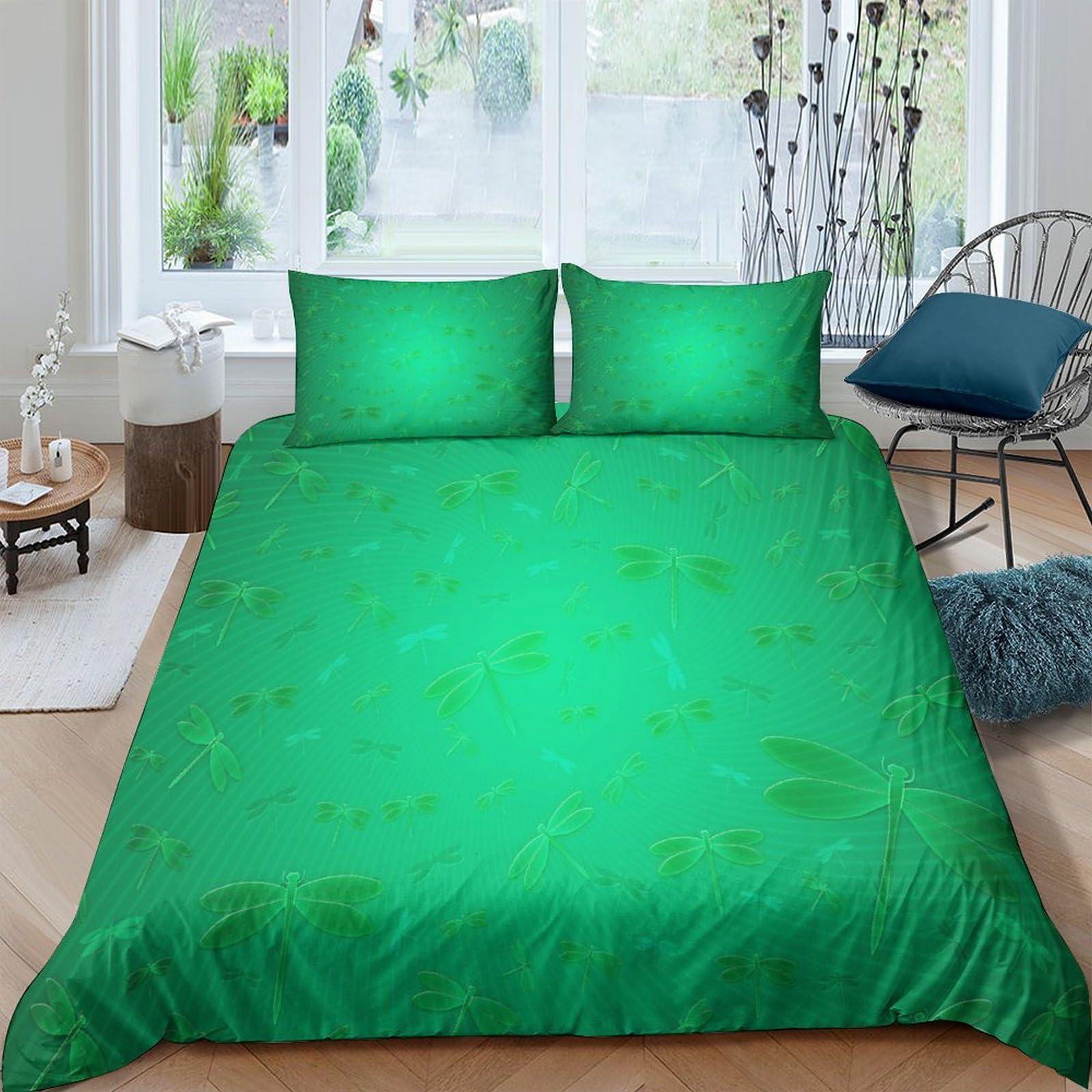 Parure de lit 3D motif rotatif libellule verte pour une chambre parentale relaxante
