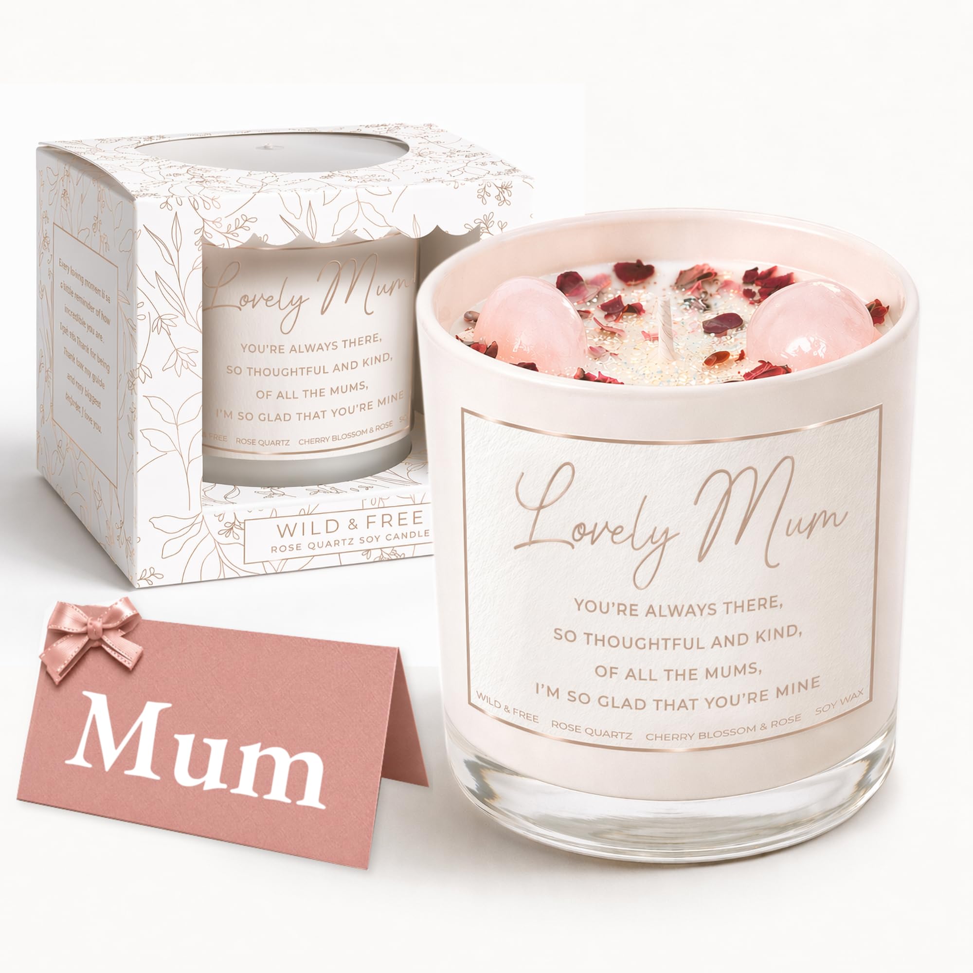 Wild & Free Mum Rose Quartz Candle Gift, Soy Wax Crystal Candle, Cherry Blossom & Rose Scent, Gift for Mum, Birthday or Mother's Day, 230g