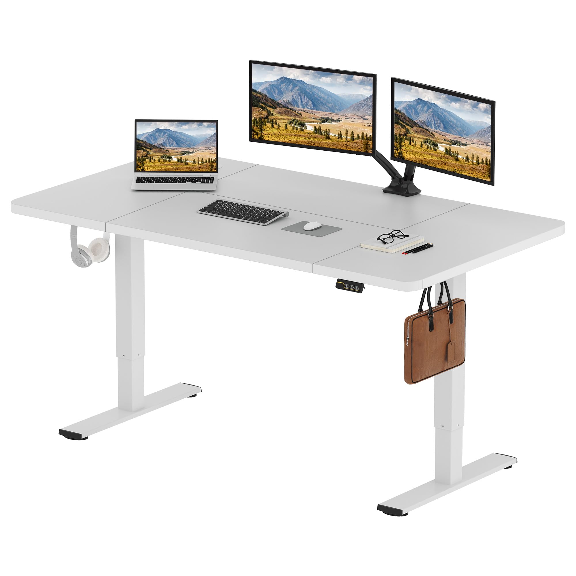 SANODESK Escritorio Elevable Eléctrico 160x60cm con 2 Gancho, Cerradura para niños, Standing Desk, Mesa Elevable, Función de Memoria, para Trabajo/Hogar (Blanco)
