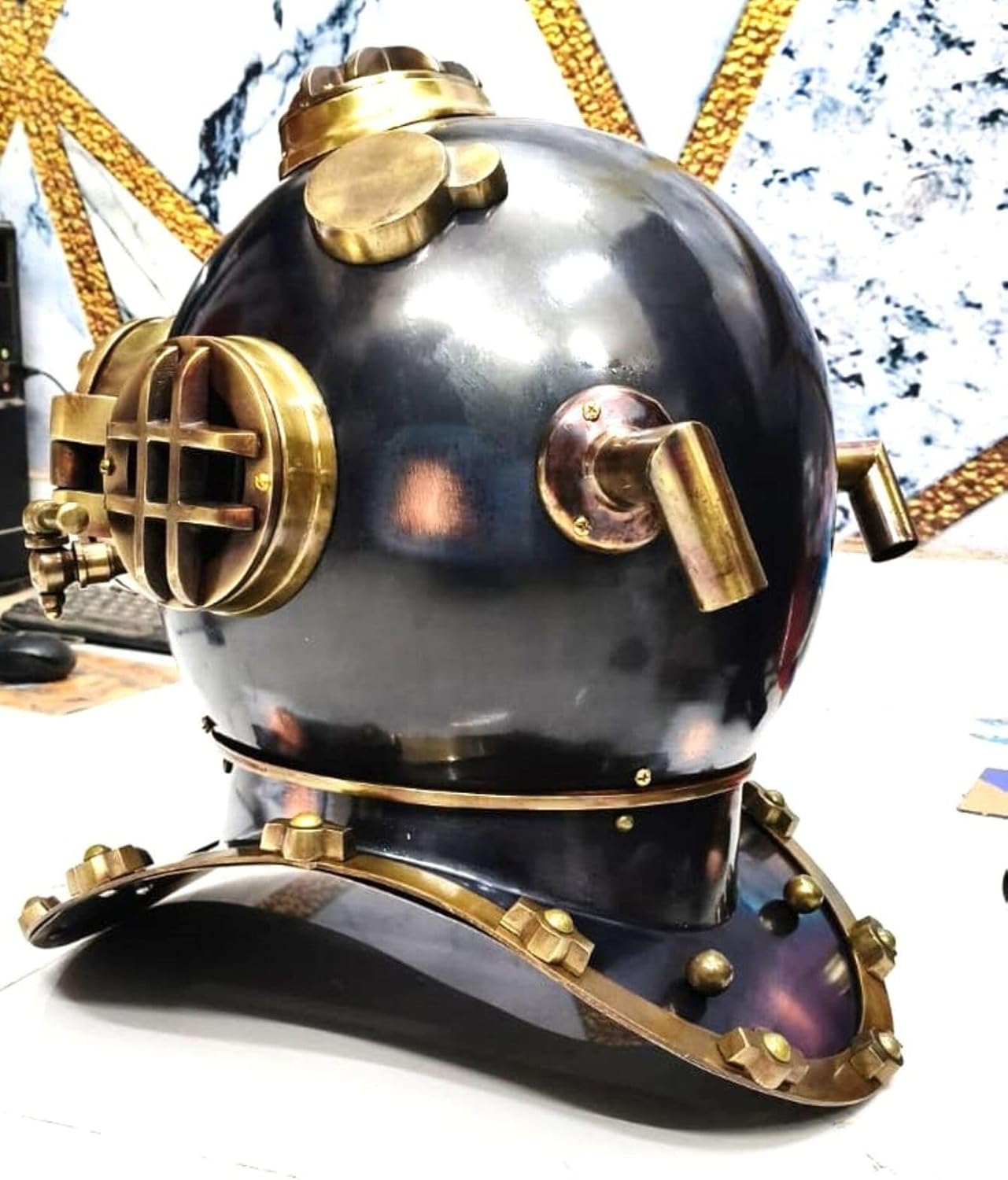Antique Copper Diving Helmet, US Navy Mark V Style, Decorative Nautical Collection Piece