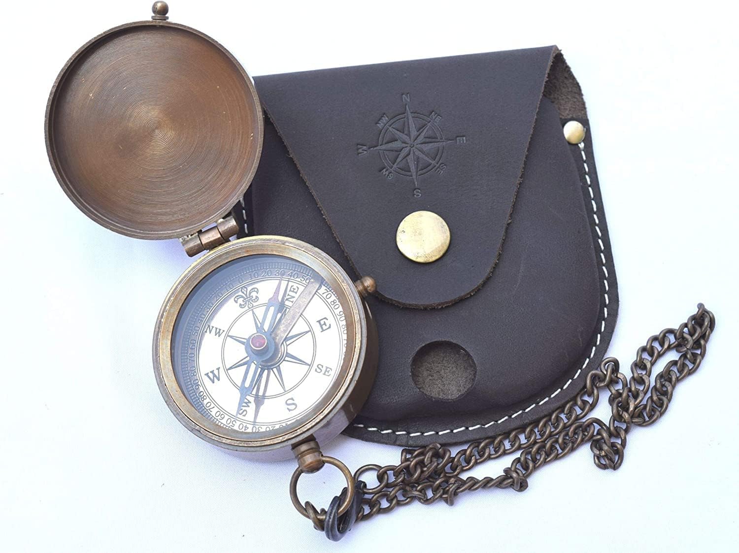 Antique Solid Brass Compass Pocket Compass, with Leather Carry Case & Long Chain-image-48