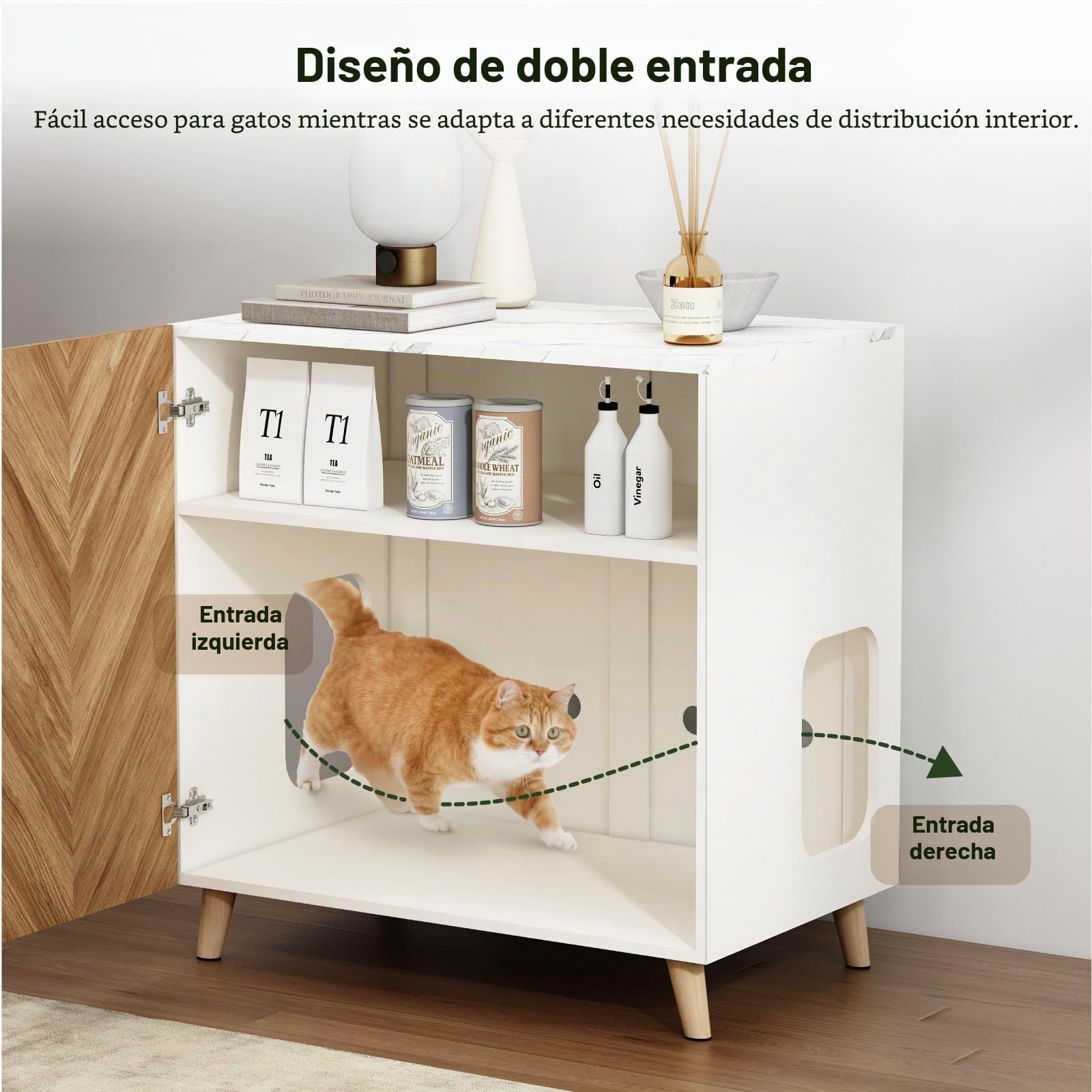 Mueble para Arenero de Gato, Mueble de Baño para Gatos con Puerta Doble y Agujeros de Ventilación, Casa para Gatos con Patrón Espina de Pescado, Armario para Esconder la Arena, Blanco