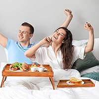 Vista 5 de Mesa baja de acacia de 2 piezas para sentarse en el suelo, bandeja de desayuno con patas y asas, bandeja plegable de madera para servir desayuno