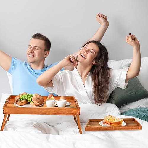 Miniatura 5 de Mesa baja de acacia de 2 piezas para sentarse en el suelo, bandeja de desayuno con patas y asas, bandeja plegable de madera para servir desayuno