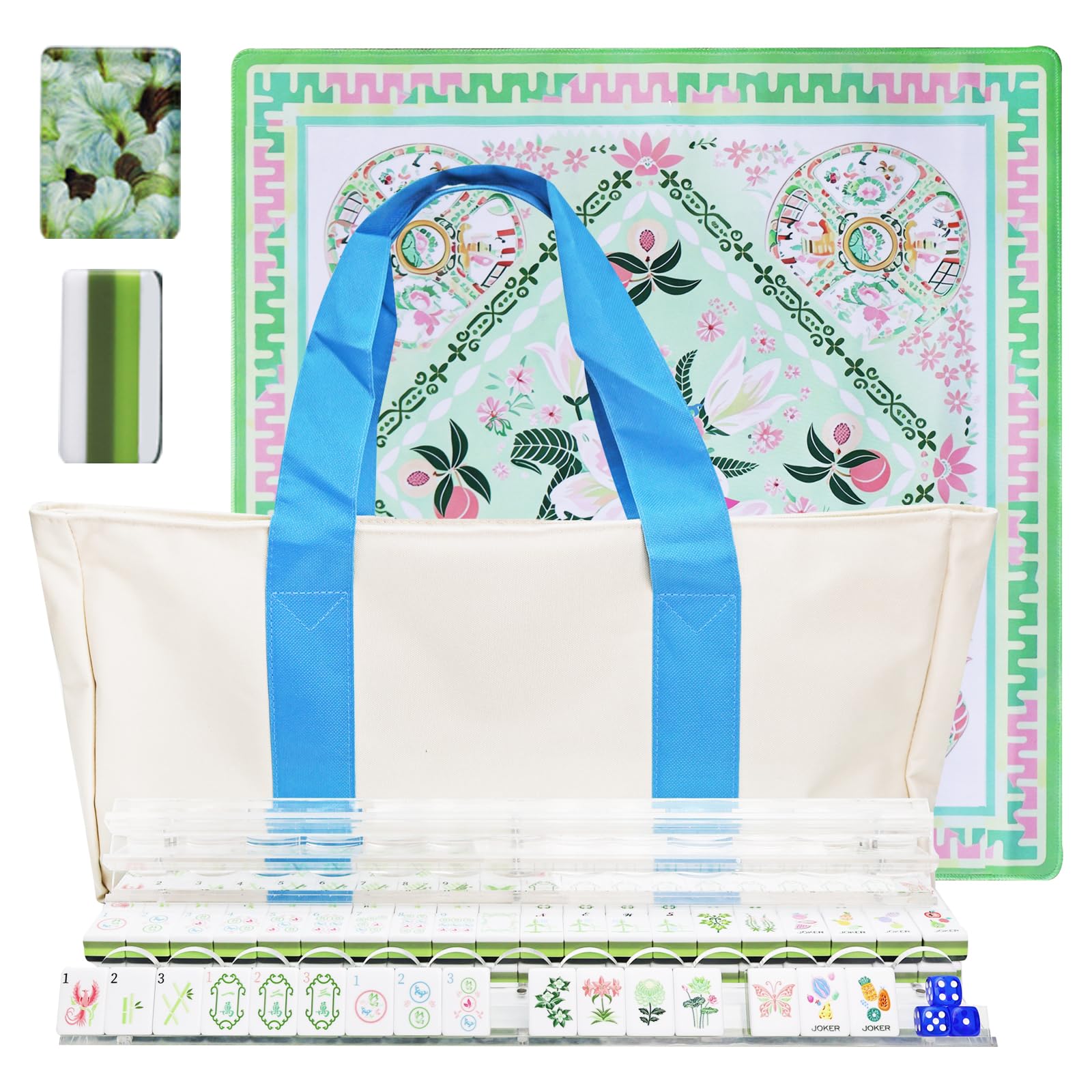 American Mahjong Game Set, Acrylic Mahjong Set with Green Floral Themed, 2 Carrying Bags, 4 Acrylic Racks