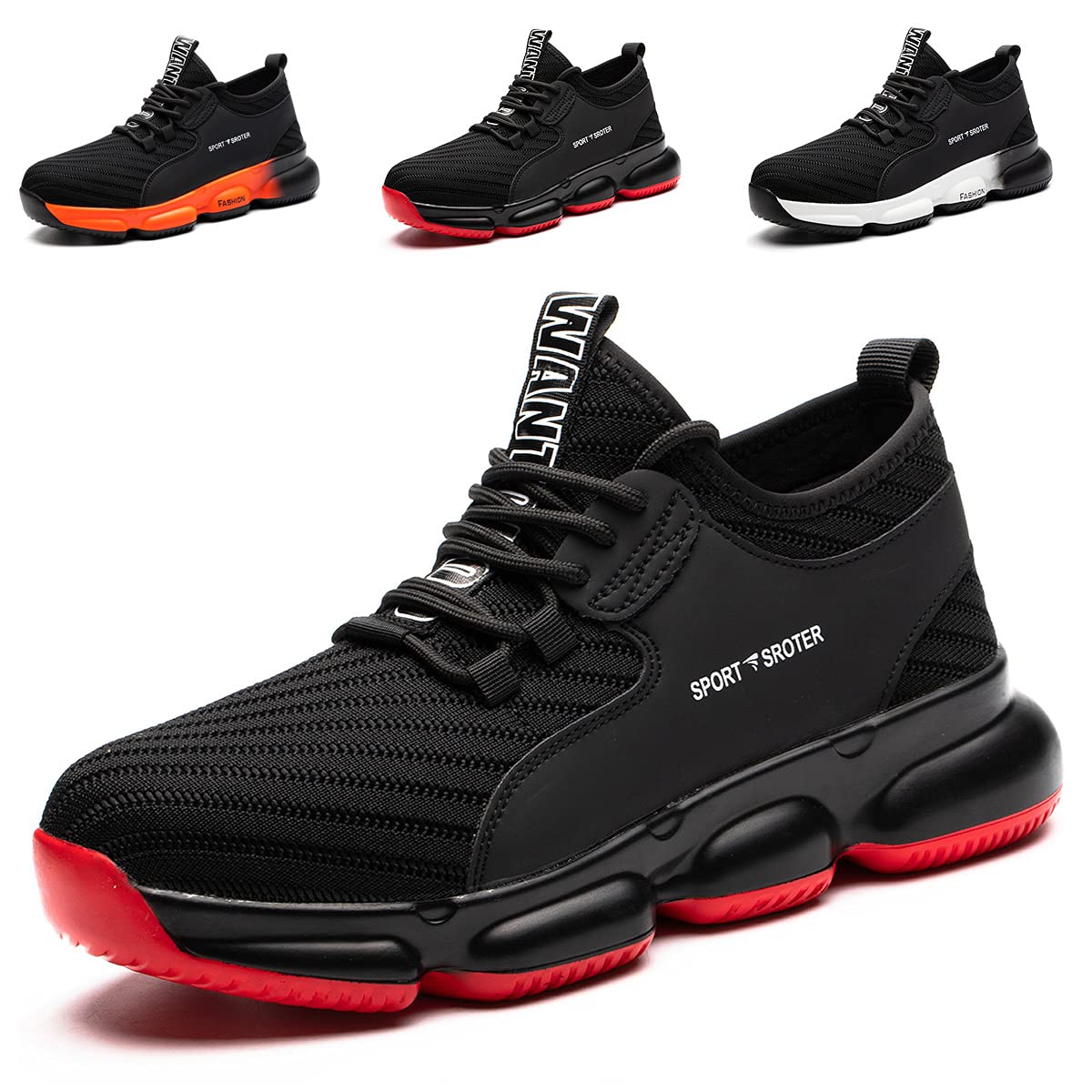 Steel Toe Cap Trainers Men Women Safety Shoes Lightweight Work Shoes Safety Boots Breathable Protective Work Industrial Sneakers, Black Red, UK 10=44 EU