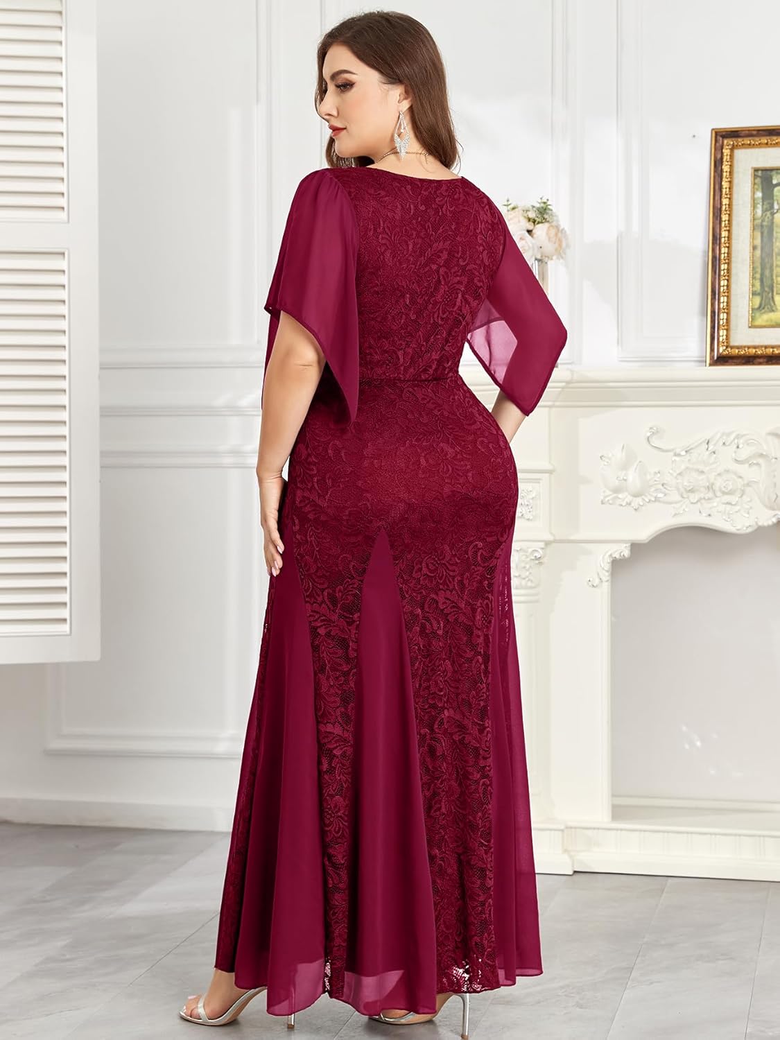 Plus Size Wedding Guest Dress Chiffon Lace Evening Gown with Handkerchief Sleeves Cocktail Party Maxi Dress - Image 5