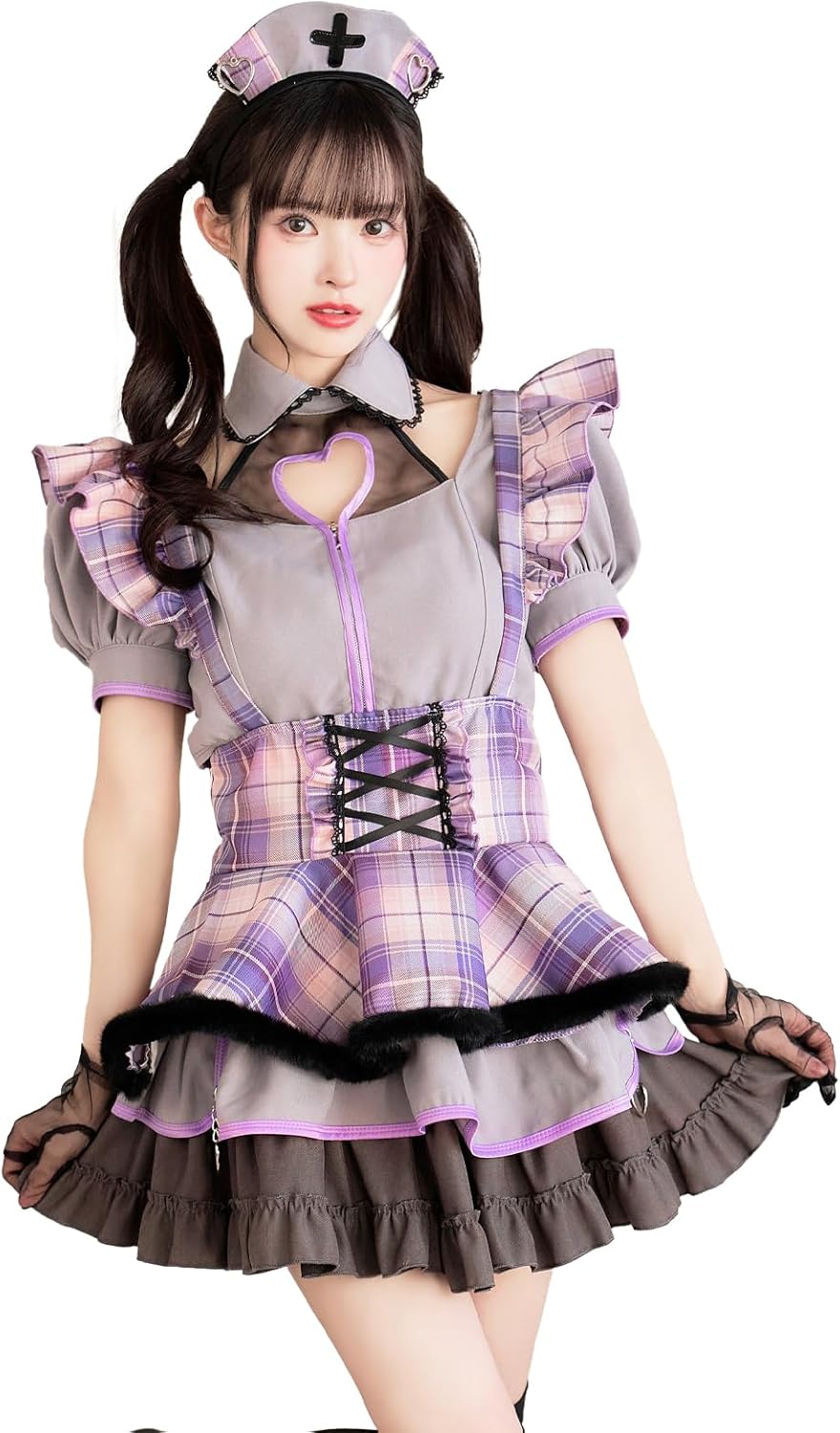 マリームーン コスプレ ナースメイド 紫 パープル ハロウィン 7点セット】Malymoon マリームーン ミステリアスチェックナース
