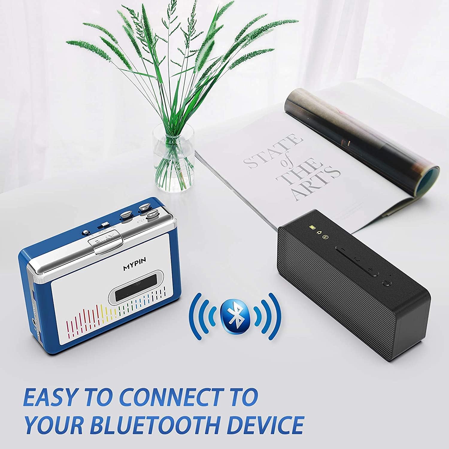 MYPIN Bluetooth Cassette Player transmitting audio to a Bluetooth speaker