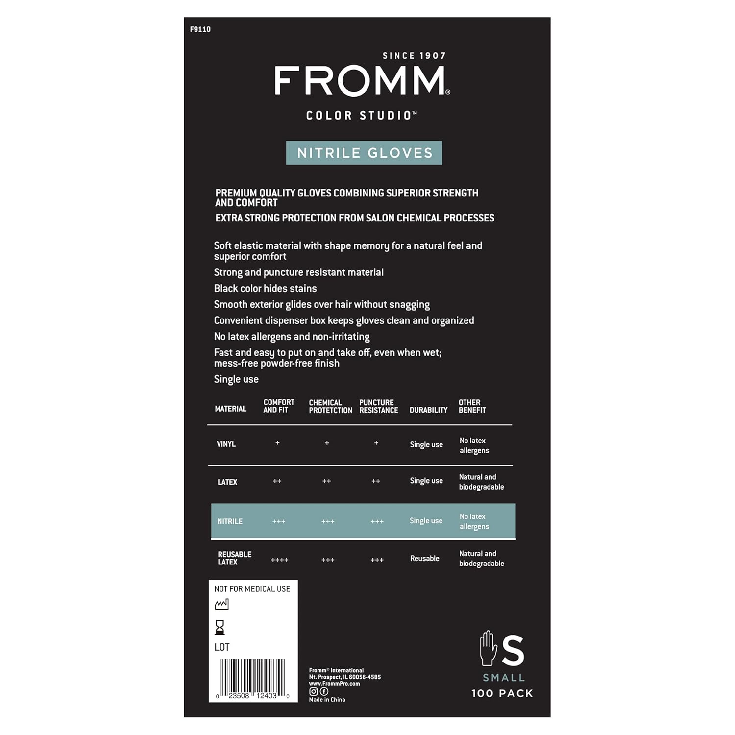Fromm Color Studio Disposable Powder Free Nitrile Gloves for Hair Salon, Small, Black Color Hide Stains for Hair Coloring, Hair Dye, Nail Salon, and Household Cleaning