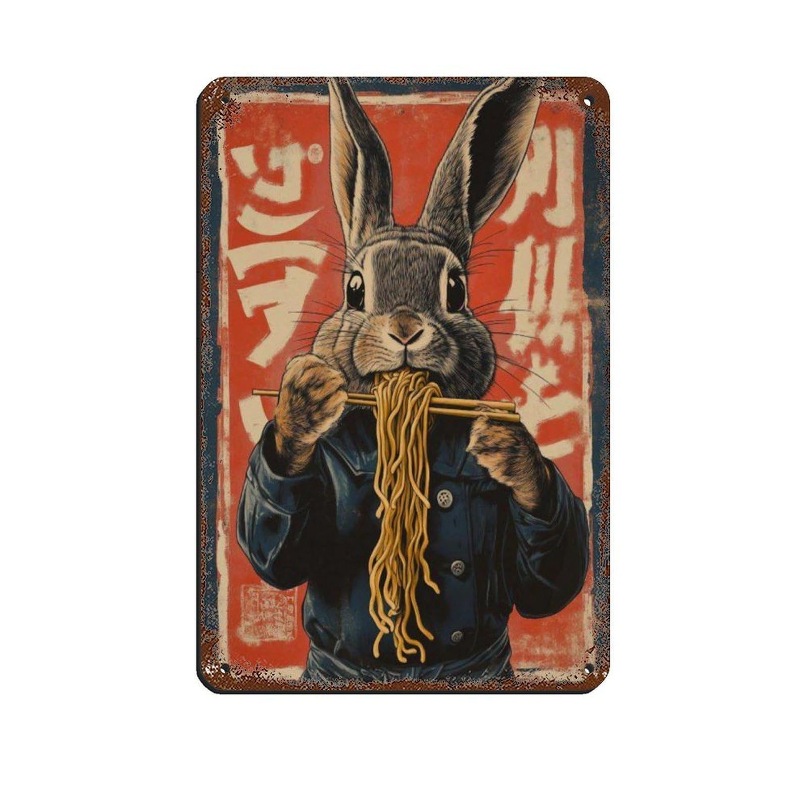 Cute Rabbit Eating Noodles Poster, Retro Poster Metal Tin Sign Chic Art Retro Iron Painting Bar People Cave Cafe Family Garage Poster Wall Decoration 8x12inch(20x30cm)