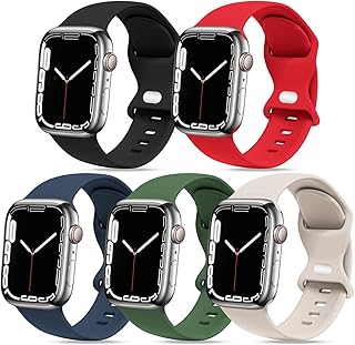 [5 PACK] STG Sport Watch Band Compatible with Apple Watch Band 38mm 40mm 41mm 42mm 44mm 45mm 49mm Soft Silicone Replacement Sport Strap Compatible for iWatch Ultra SE Series 9/8/7/6/5/4/3/2/1 (42mm/44mm/45mm/49mm M/L, 5 PACK M - Black/Red/Abyss Blue/Clover/Starlight)